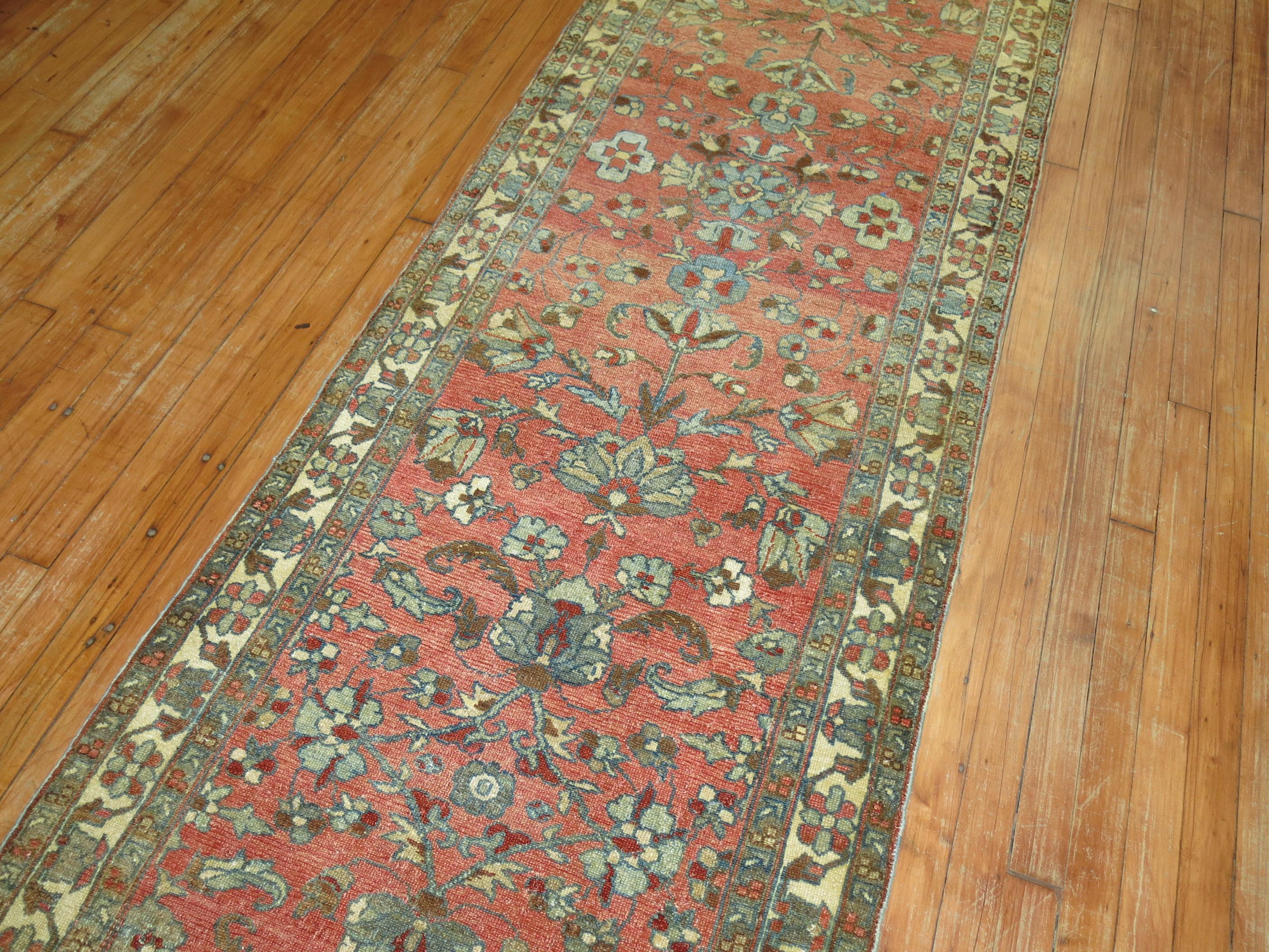 Hand-Knotted Rare Narrow Long Antique Soft Red Persian Malayer Runner For Sale