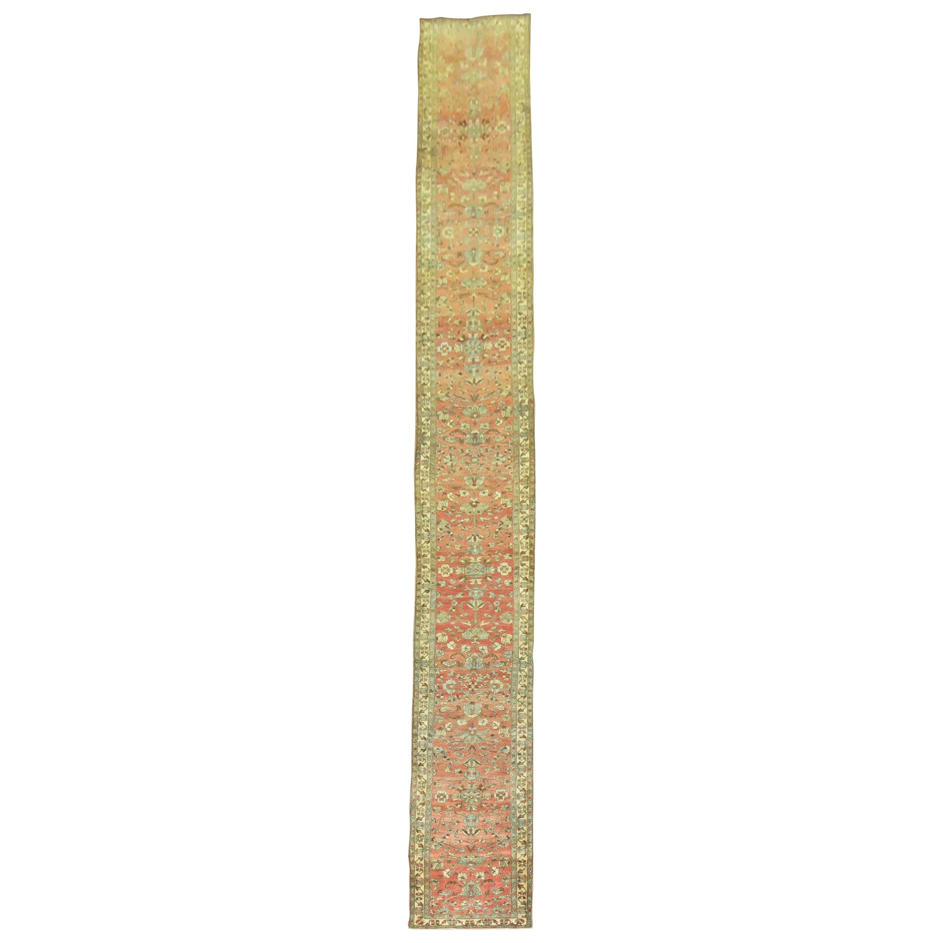 Rare Narrow Long Antique Soft Red Persian Malayer Runner For Sale