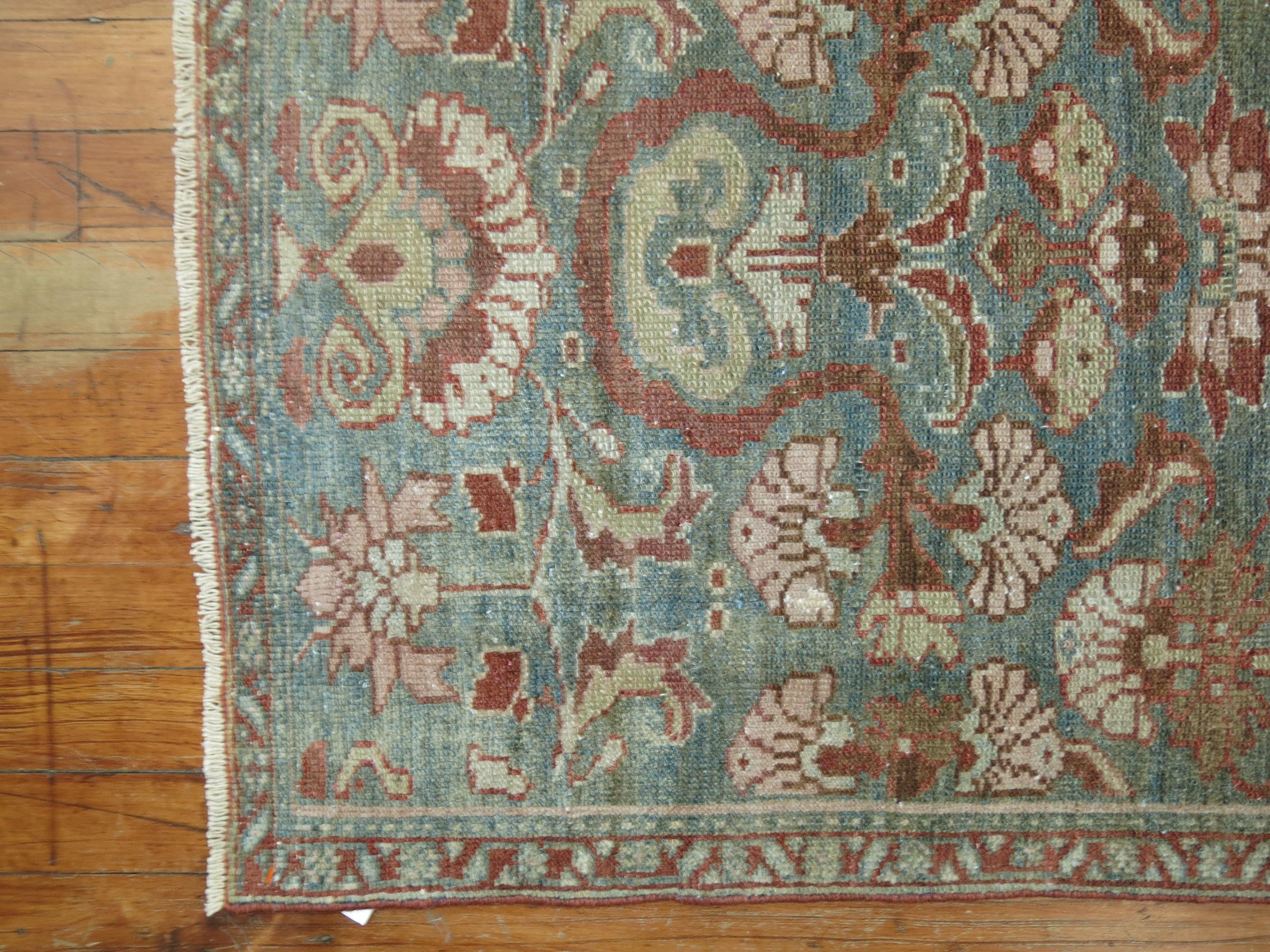 Hand-Knotted Rare Narrow Long Sea Foam Persian Runner For Sale