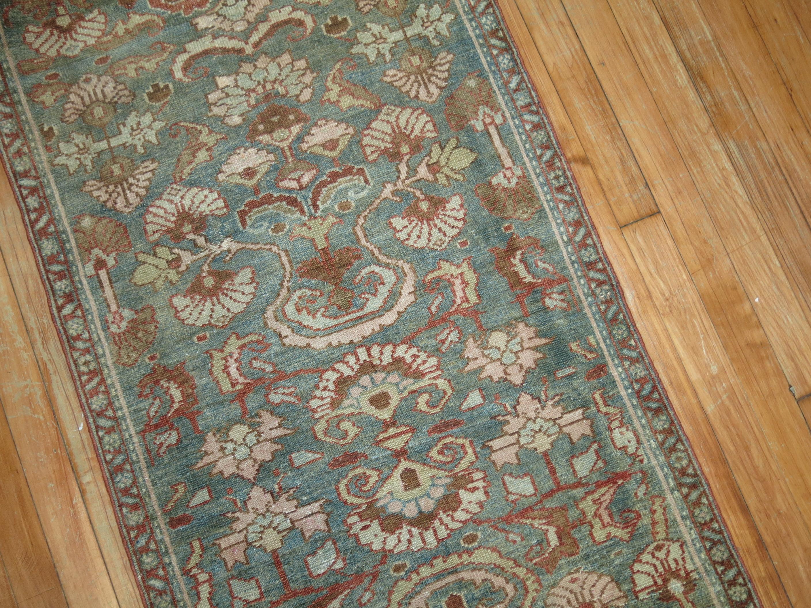 Rare Narrow Long Sea Foam Persian Runner In Good Condition For Sale In New York, NY