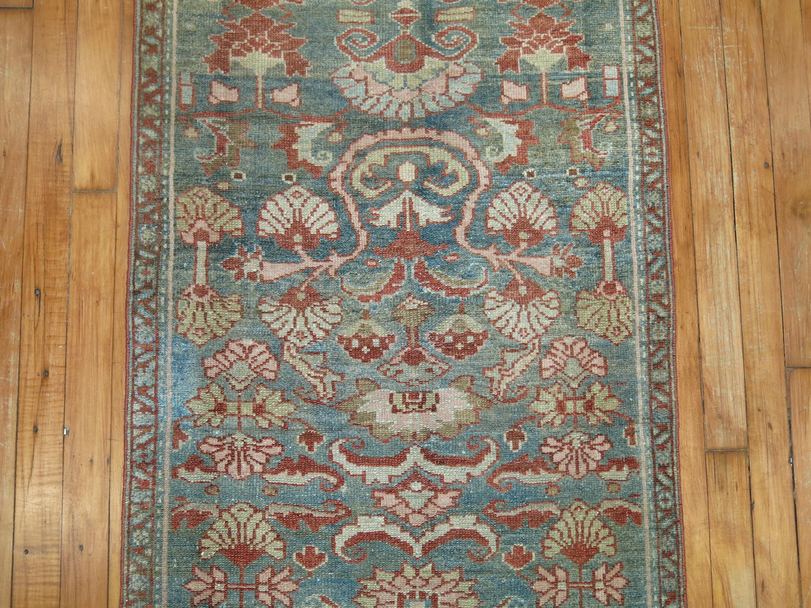 20th Century Rare Narrow Long Sea Foam Persian Runner For Sale