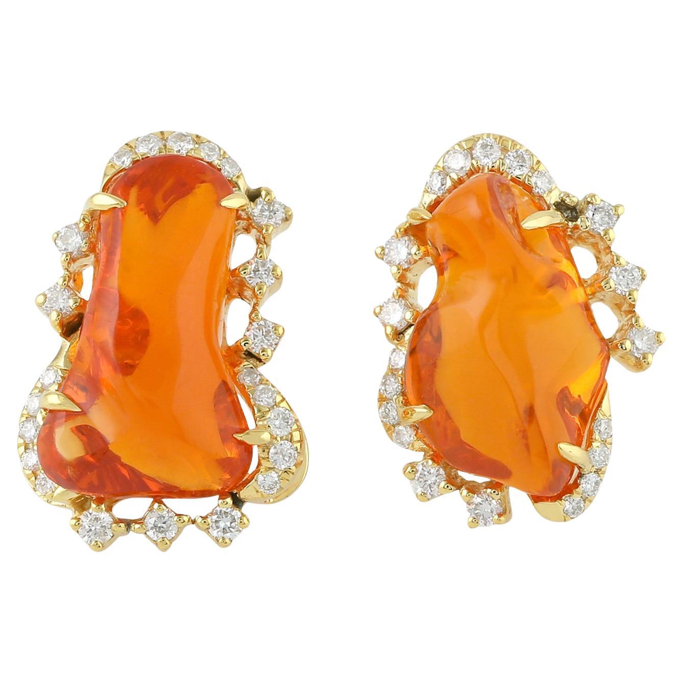 Rare Natural 6.45 Carats Fire Opal & Diamond Earrings 18K Yellow Gold For Sale