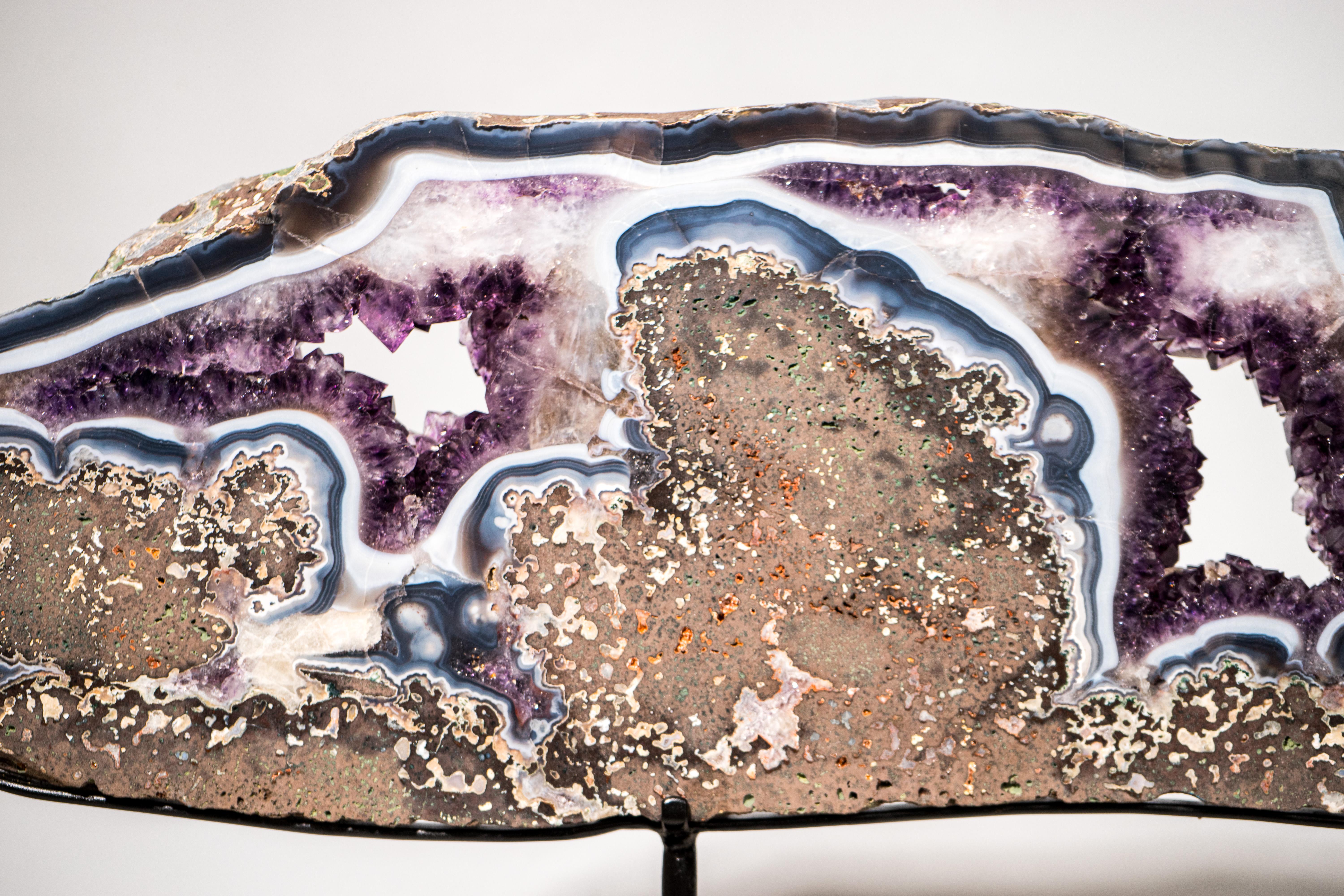 Brazilian Rare Natural Agate and Purple Amethyst Geode Slice Slab, Crystal Tray For Sale