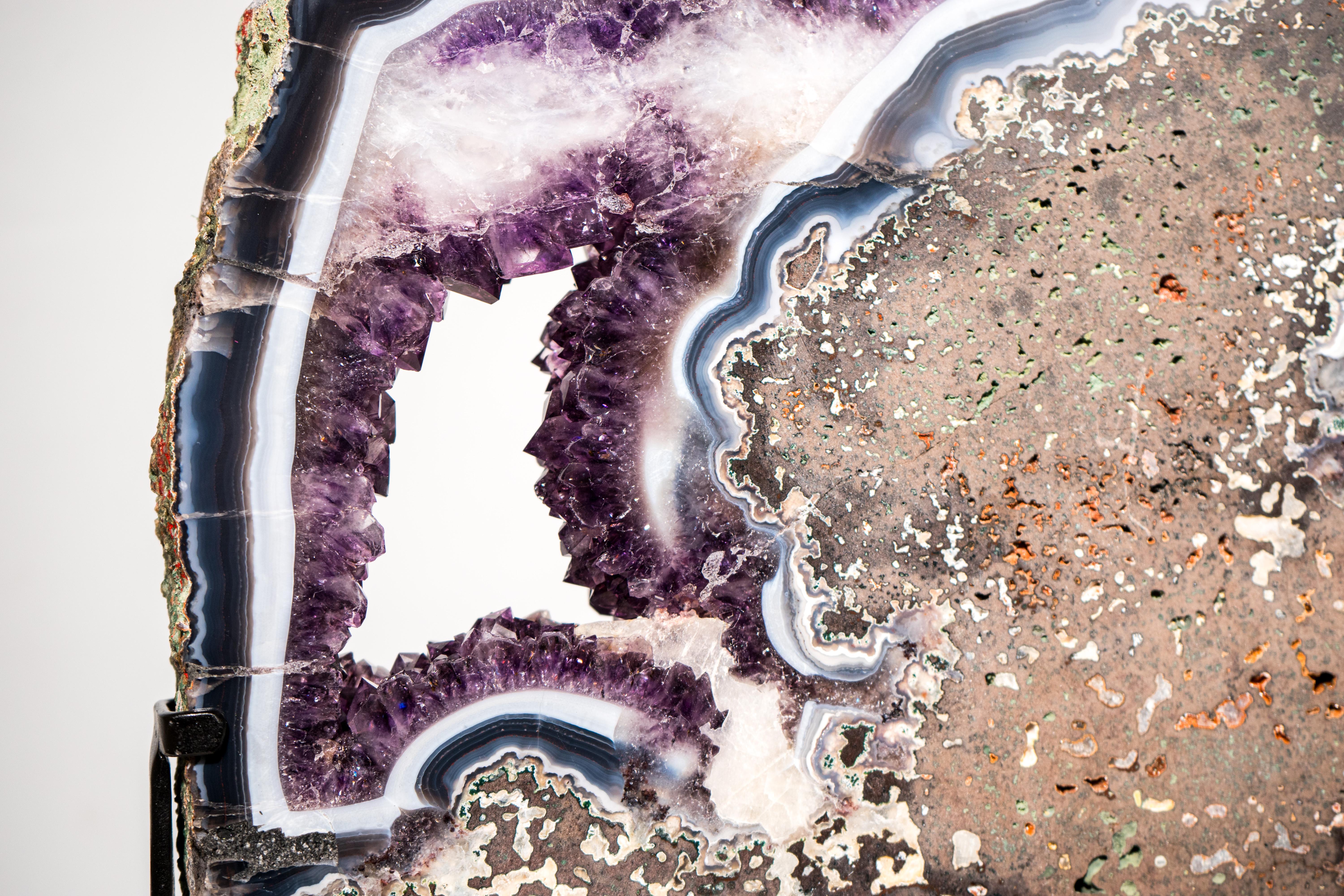 Contemporary Rare Natural Agate and Purple Amethyst Geode Slice Slab, Crystal Tray For Sale