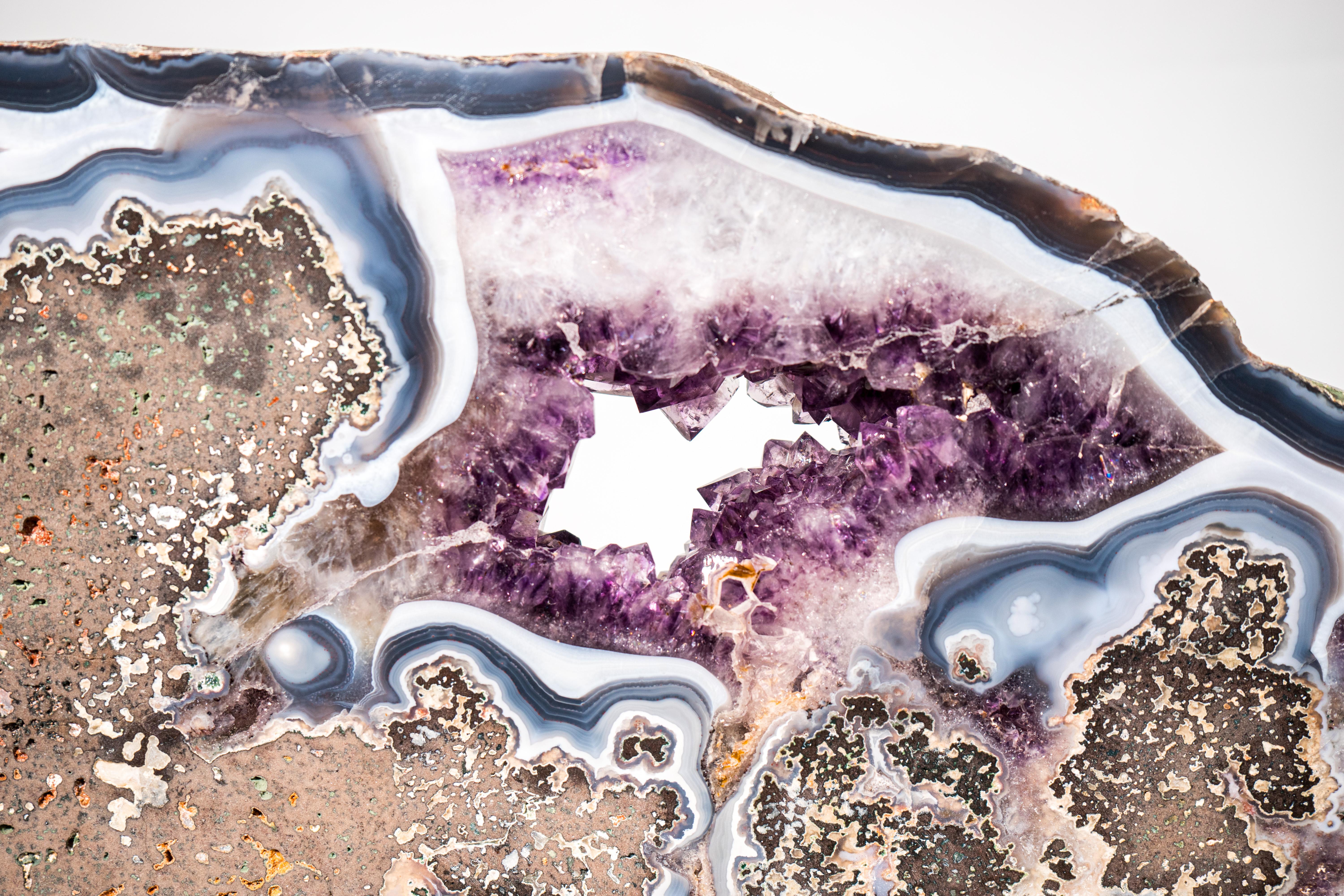Rare Natural Agate and Purple Amethyst Geode Slice Slab, Crystal Tray For Sale 1