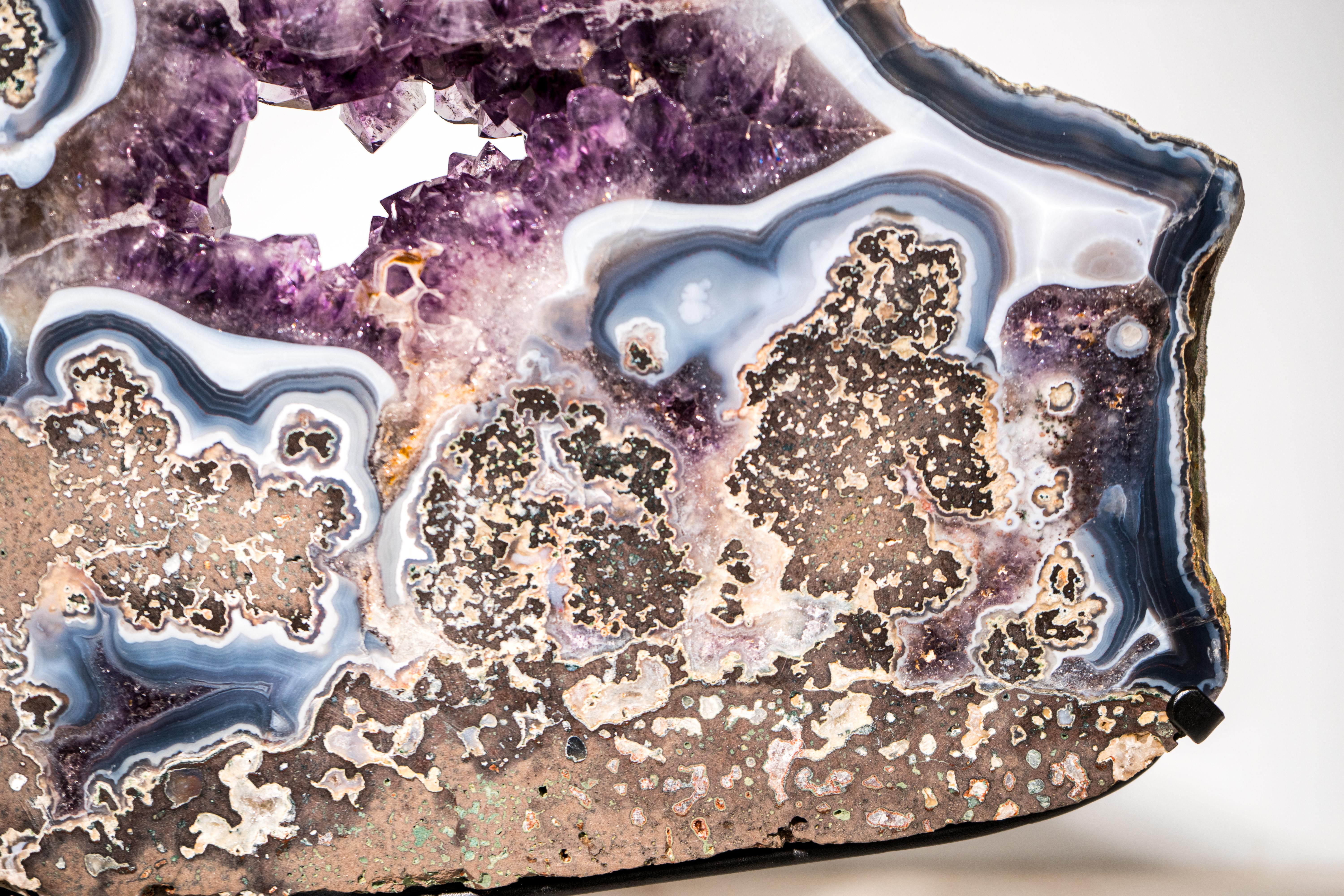 Rare Natural Agate and Purple Amethyst Geode Slice Slab, Crystal Tray For Sale 2