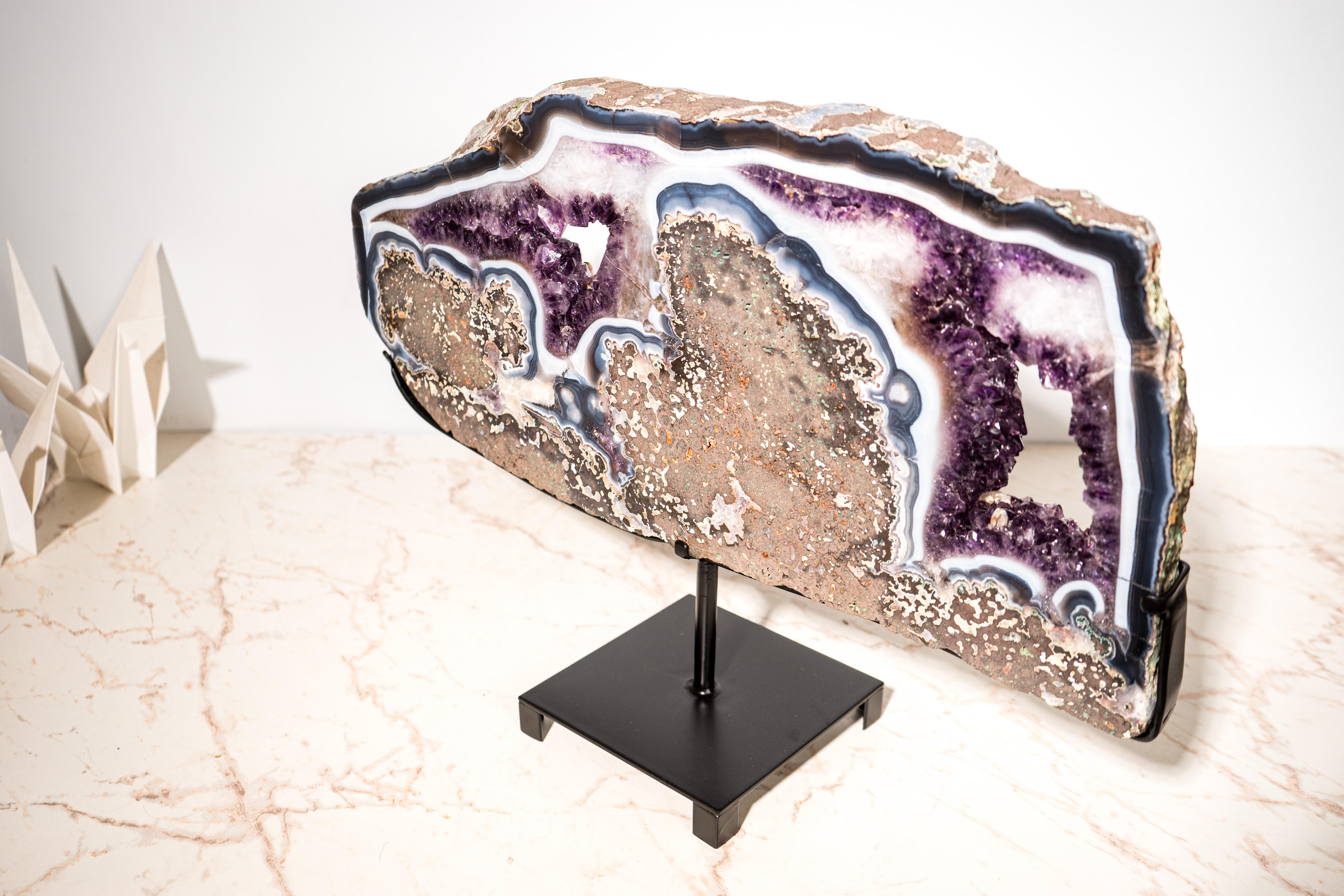 Rare Natural Agate and Purple Amethyst Geode Slice Slab, Crystal Tray For Sale 4