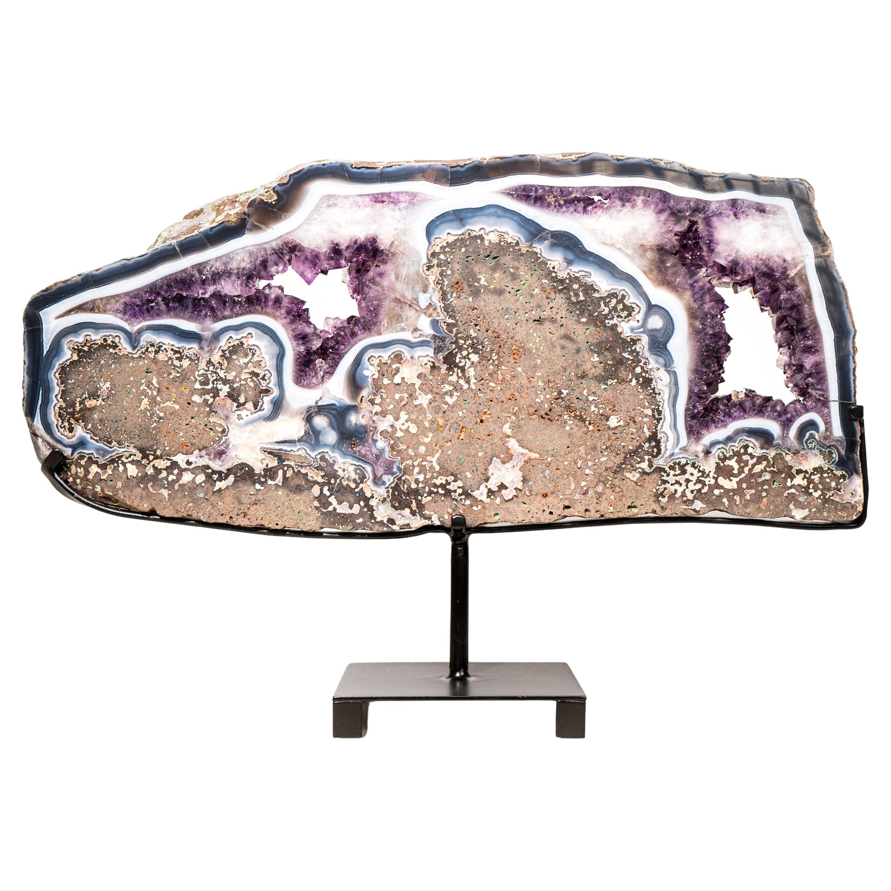 Rare Natural Agate and Purple Amethyst Geode Slice Slab, Crystal Tray