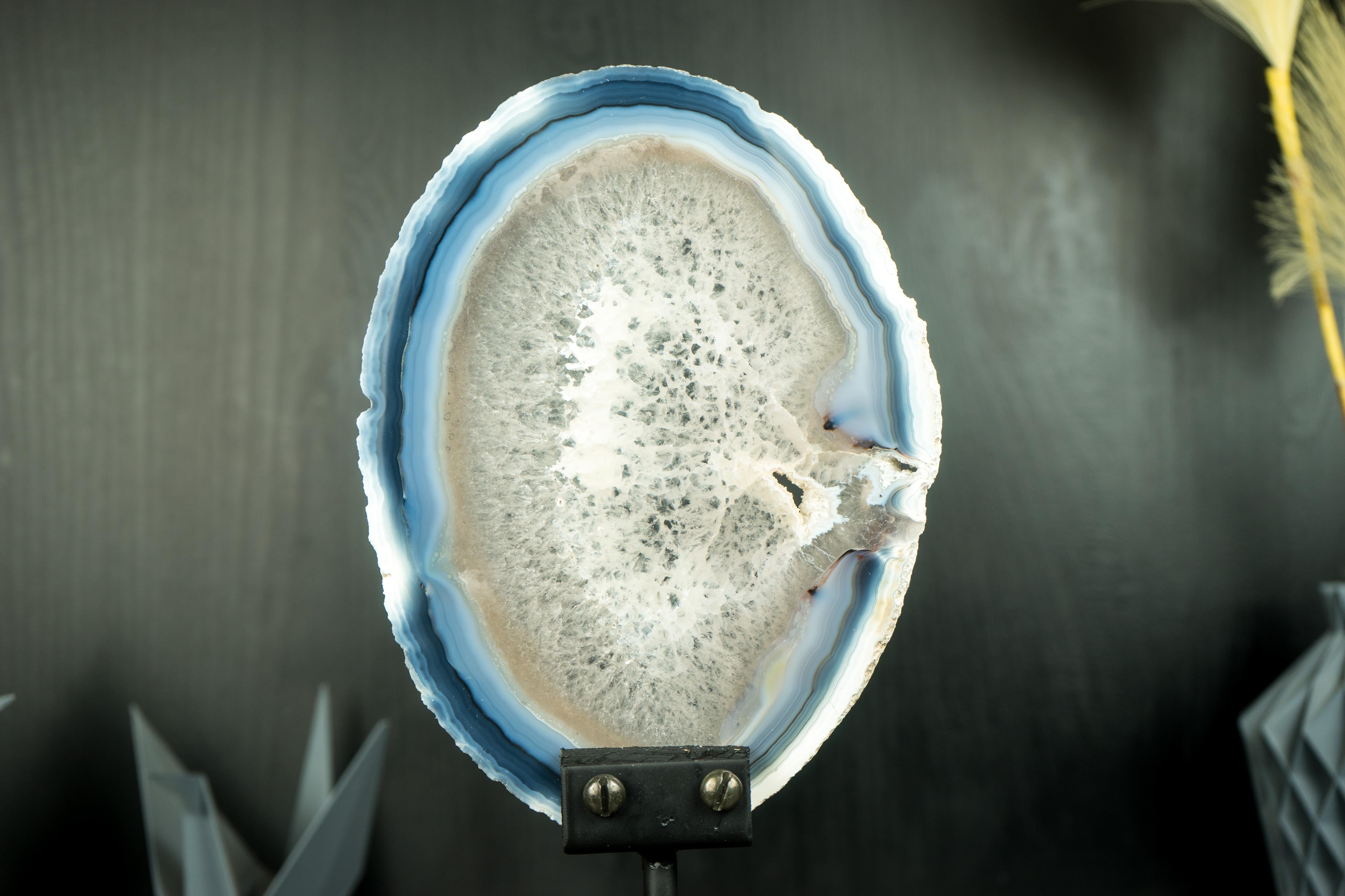 Rare Natural Blue and Bone-White Banded Agate Slice, Premium-Grade Geode Slice 4