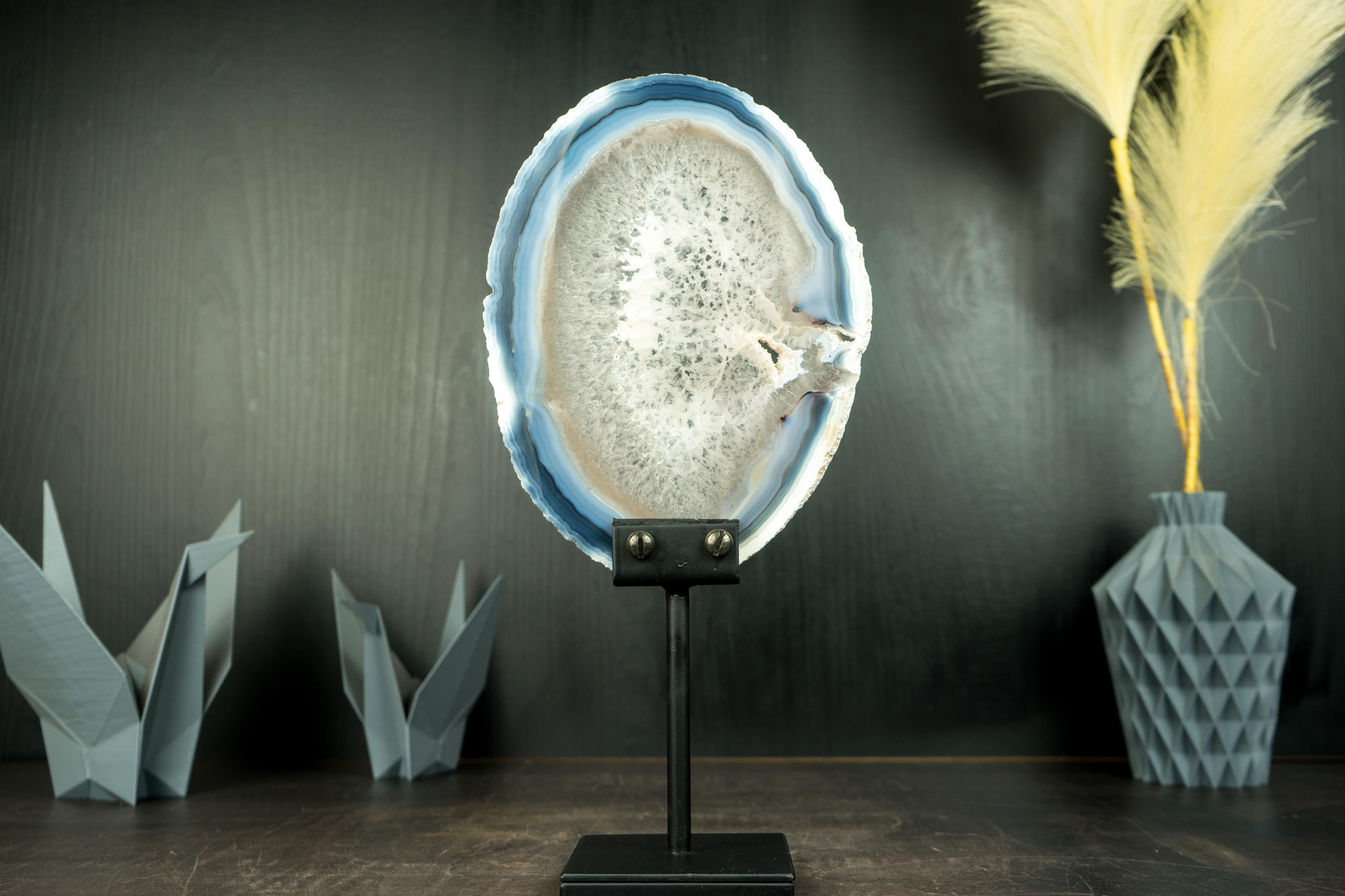 Rare Natural Blue and Bone-White Banded Agate Slice, Premium-Grade Geode Slice 5