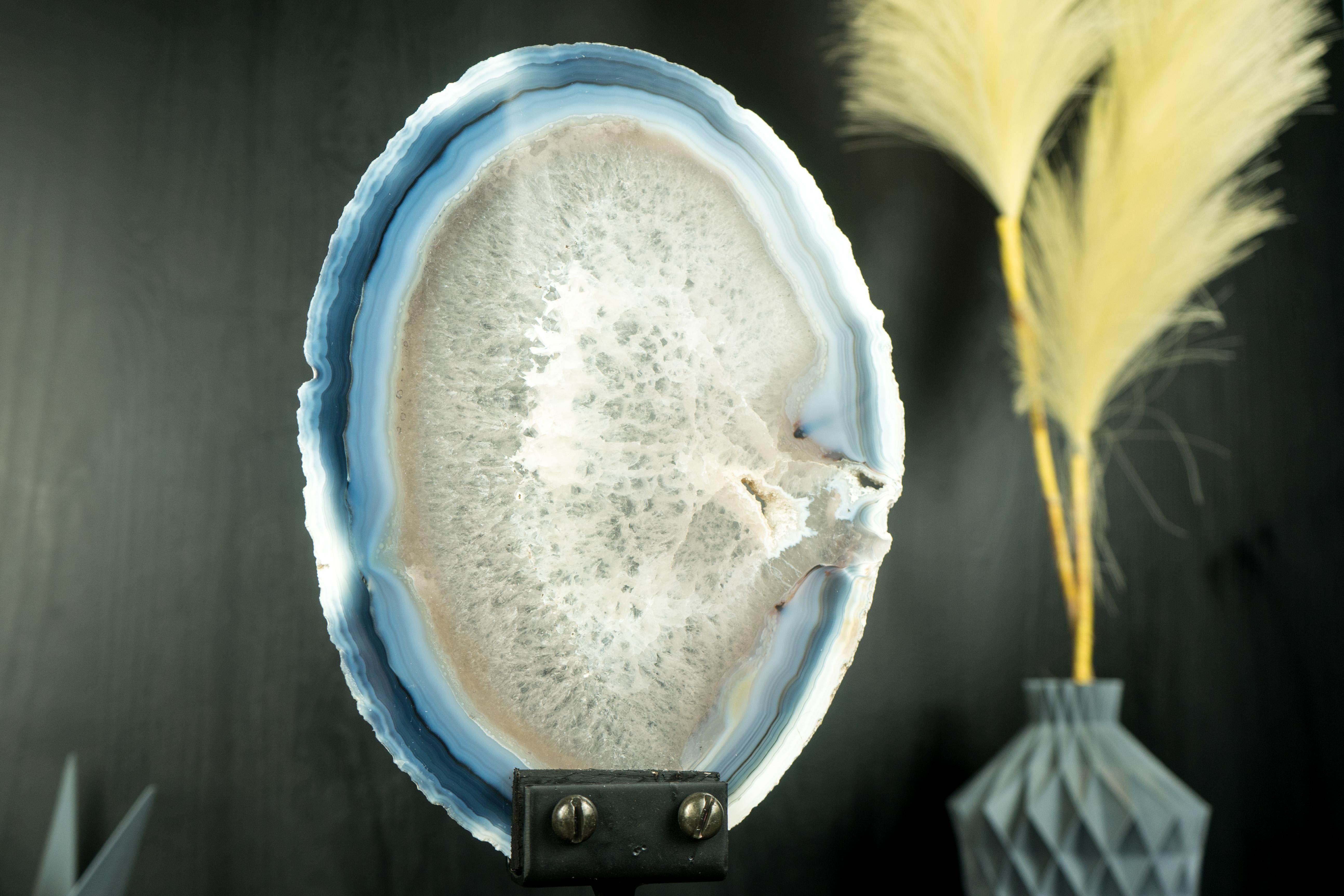 Rare Natural Blue and Bone-White Banded Agate Slice, Premium-Grade Geode Slice 6