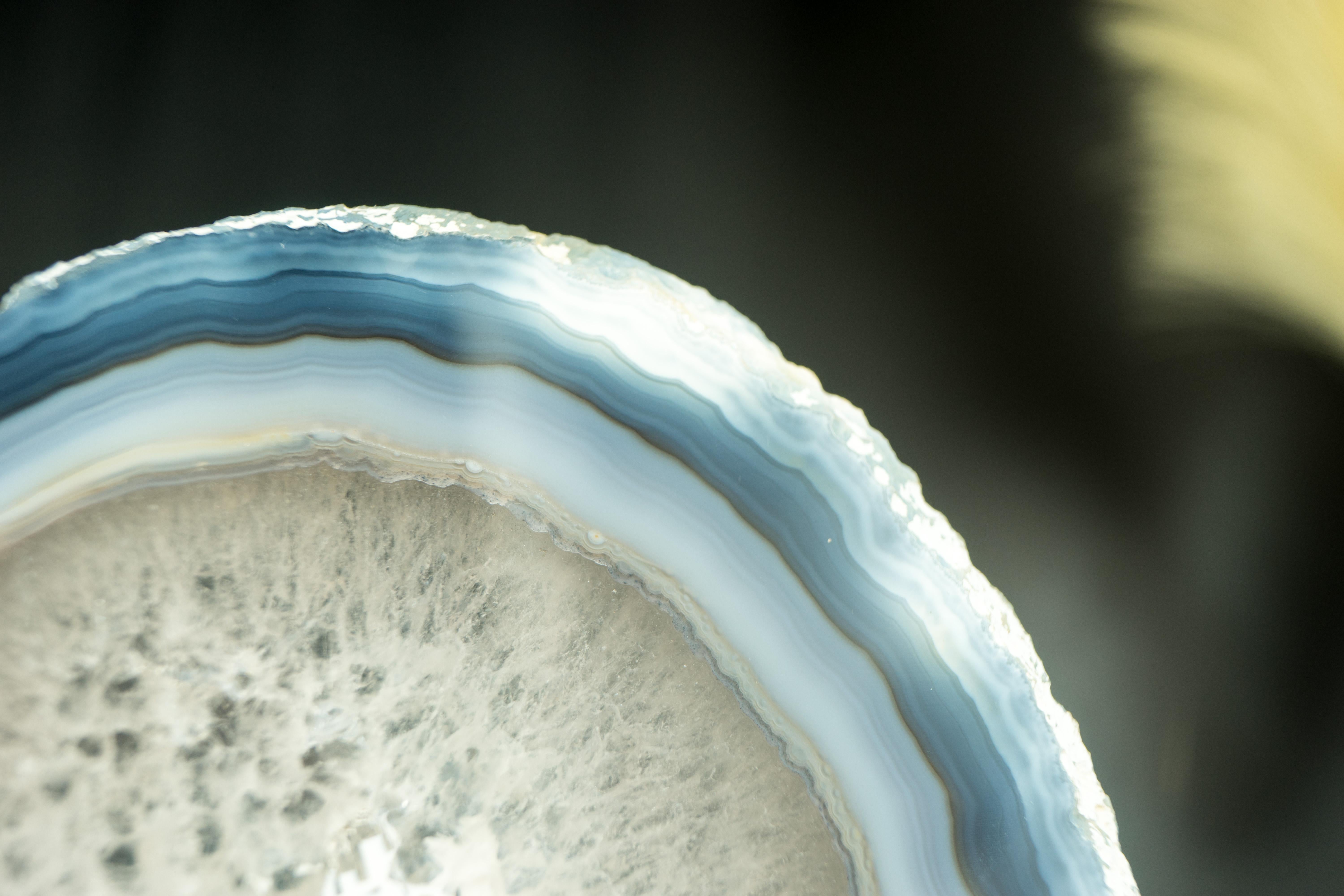 Rare Natural Blue and Bone-White Banded Agate Slice, Premium-Grade Geode Slice 8