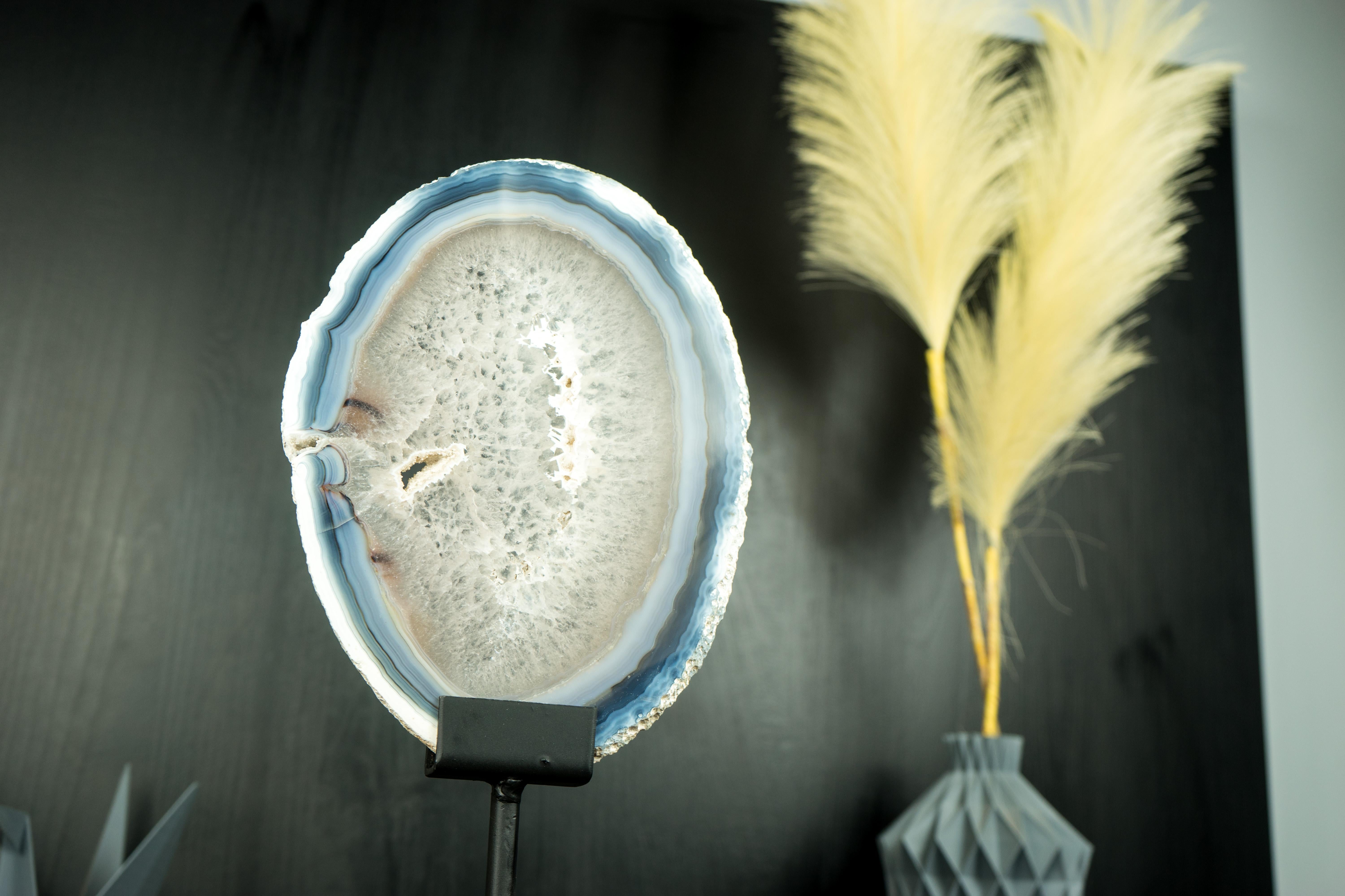 Rare Natural Blue and Bone-White Banded Agate Slice, Premium-Grade Geode Slice 10