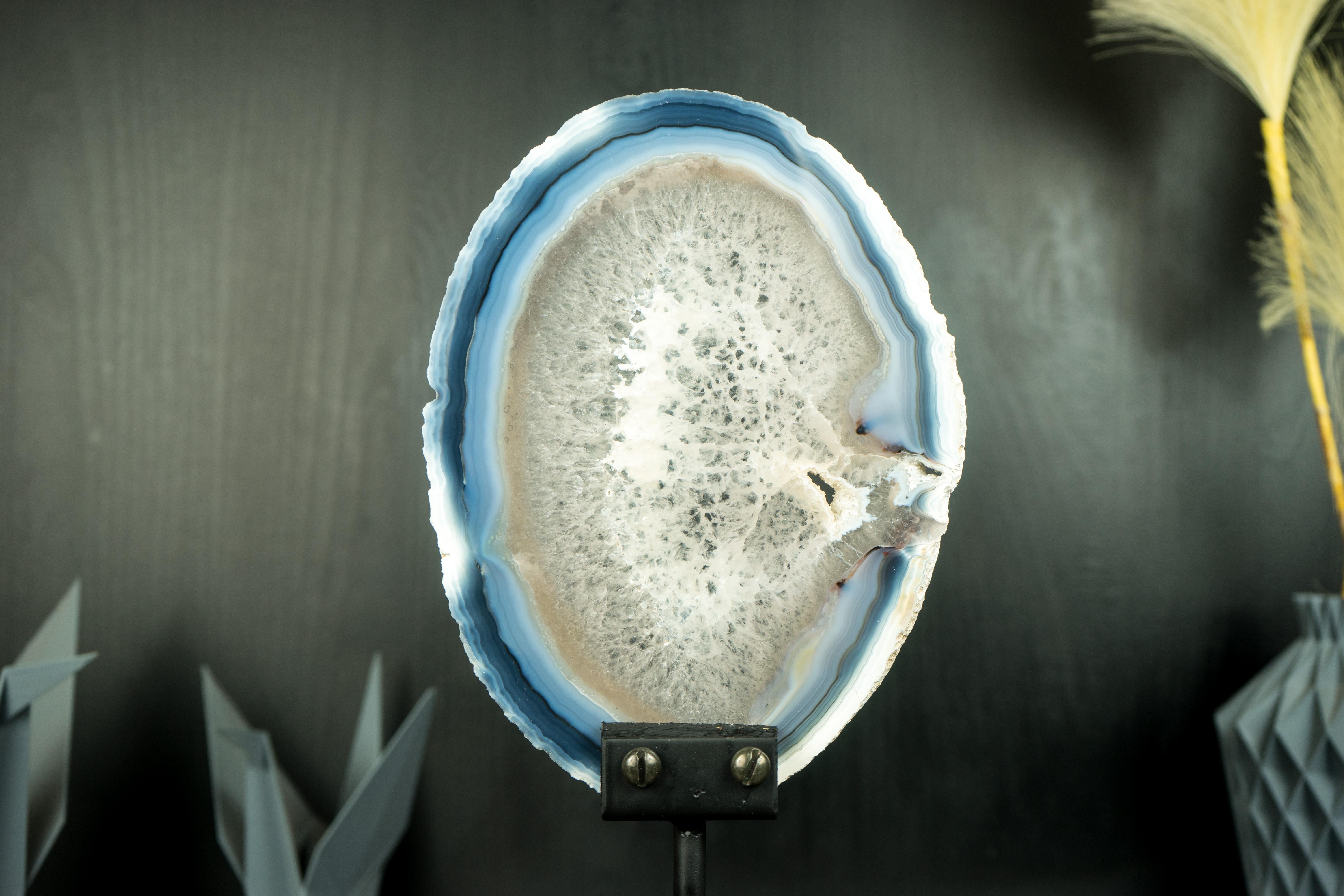 Brazilian Rare Natural Blue and Bone-White Banded Agate Slice, Premium-Grade Geode Slice