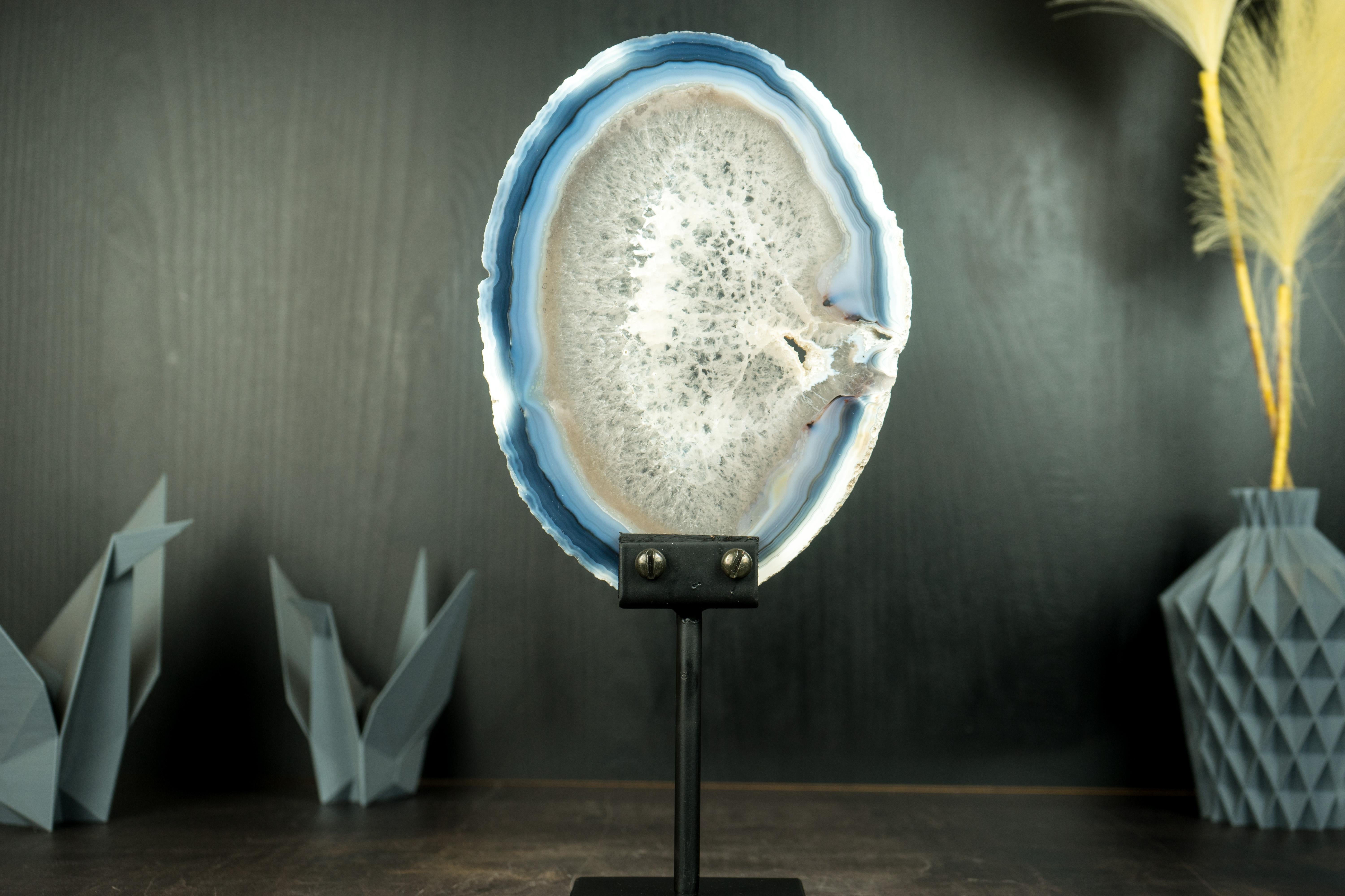 Contemporary Rare Natural Blue and Bone-White Banded Agate Slice, Premium-Grade Geode Slice