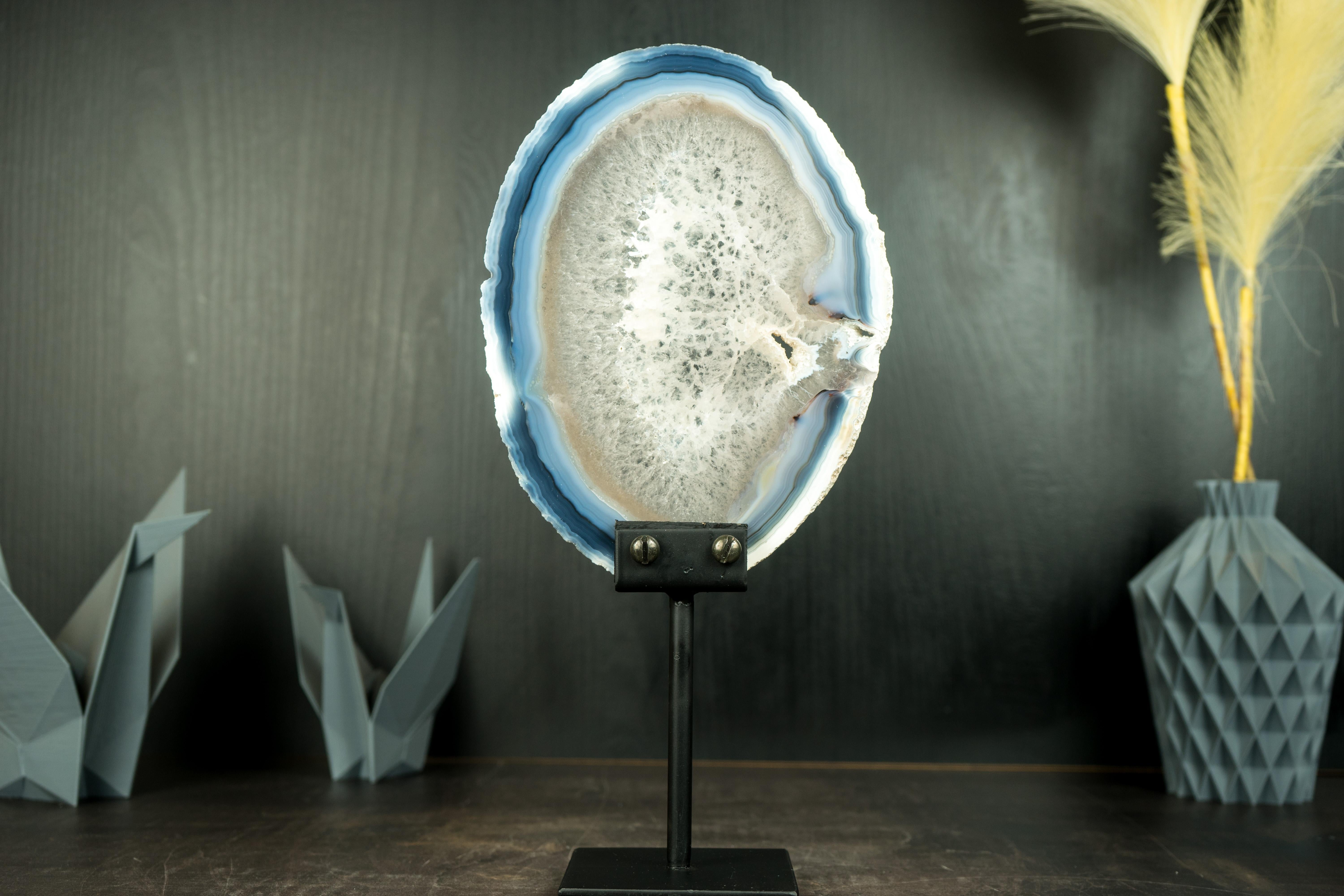 Crystal Rare Natural Blue and Bone-White Banded Agate Slice, Premium-Grade Geode Slice