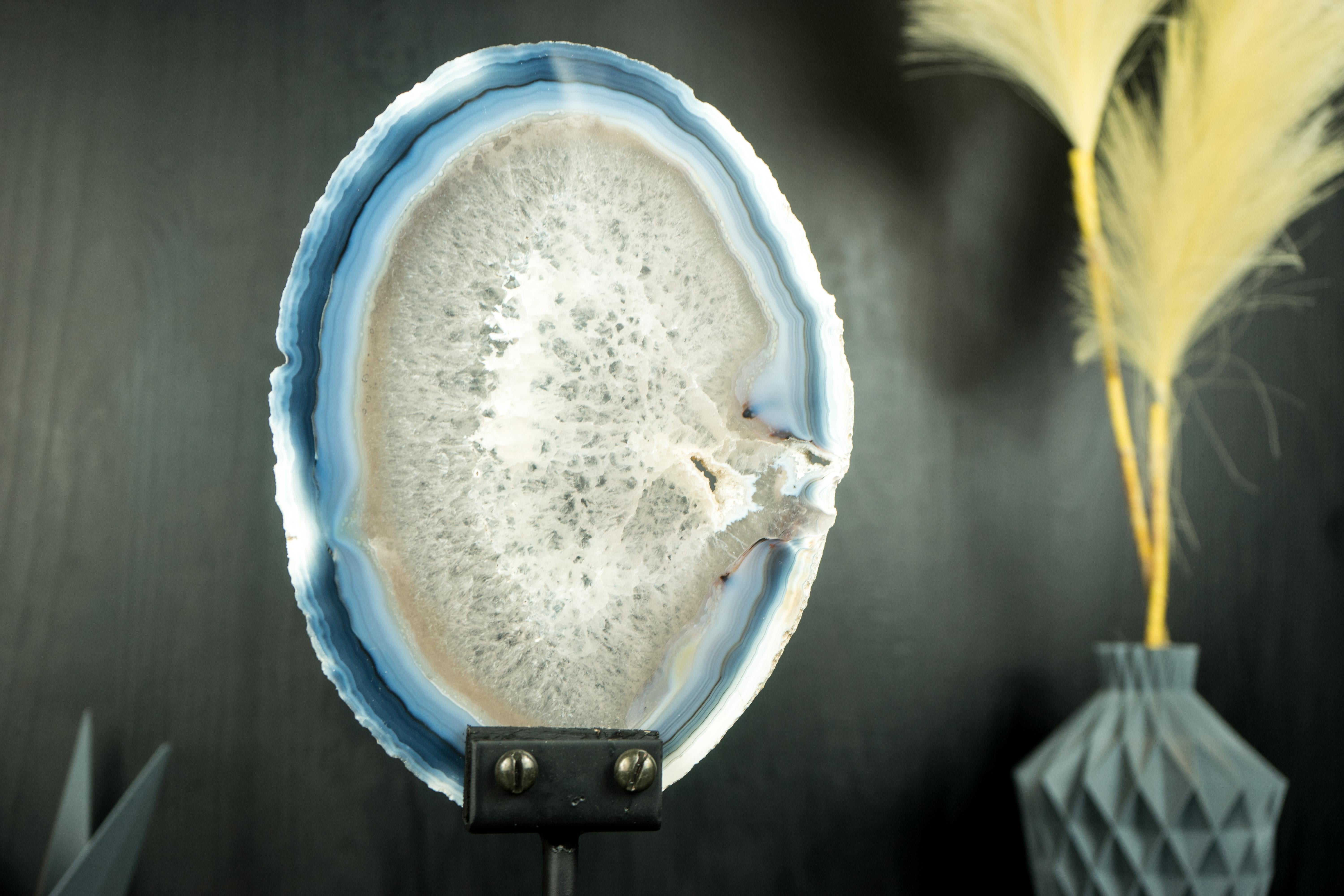Rare Natural Blue and Bone-White Banded Agate Slice, Premium-Grade Geode Slice 1