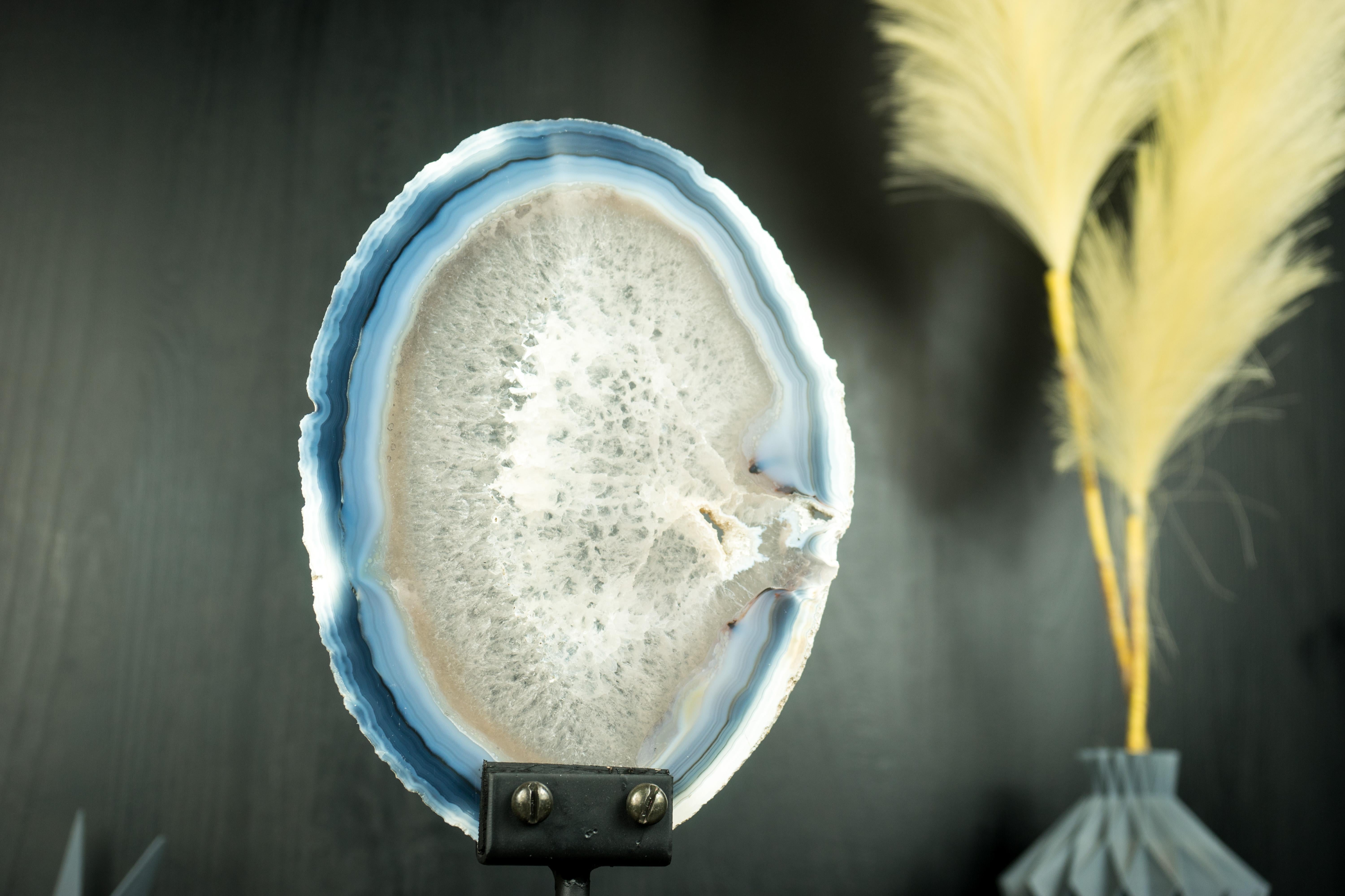 Rare Natural Blue and Bone-White Banded Agate Slice, Premium-Grade Geode Slice 2