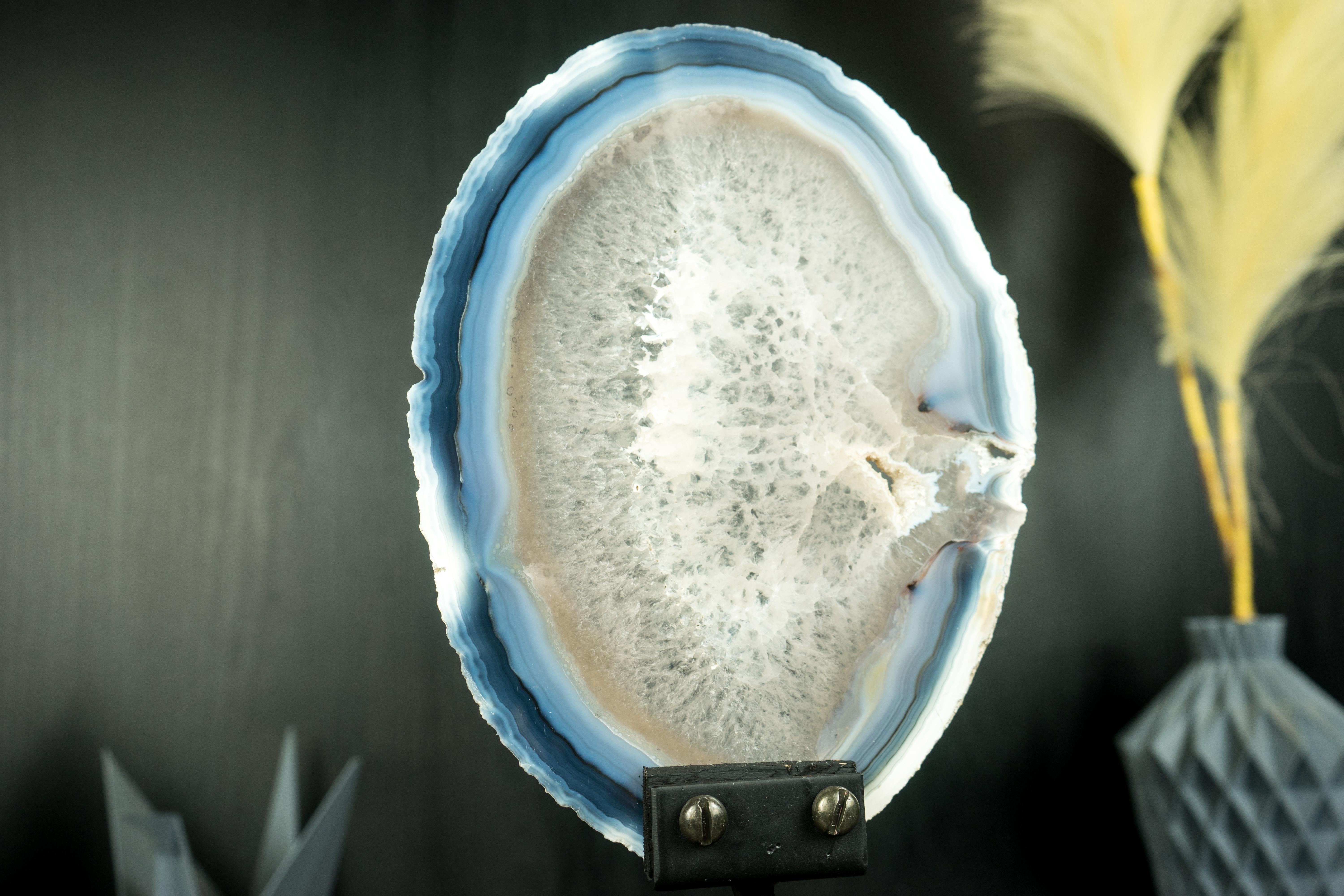 Rare Natural Blue and Bone-White Banded Agate Slice, Premium-Grade Geode Slice 3