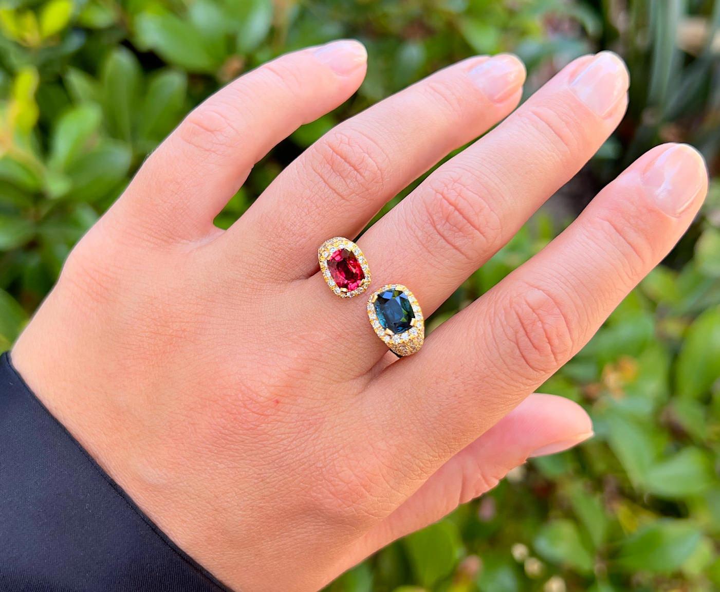 It comes with the Gemological Appraisal by GIA GG/AJP
All Gemstones are Natural
Blue & Red Spinels = 2.30 Carats
Cut: Cushion
Diamonds = 1.70 Carats
Cut: Round, Color: F-G, Clarity: VS
Metal: 18K Yellow Gold
Ring Size: 7.5* US
*It can be resized