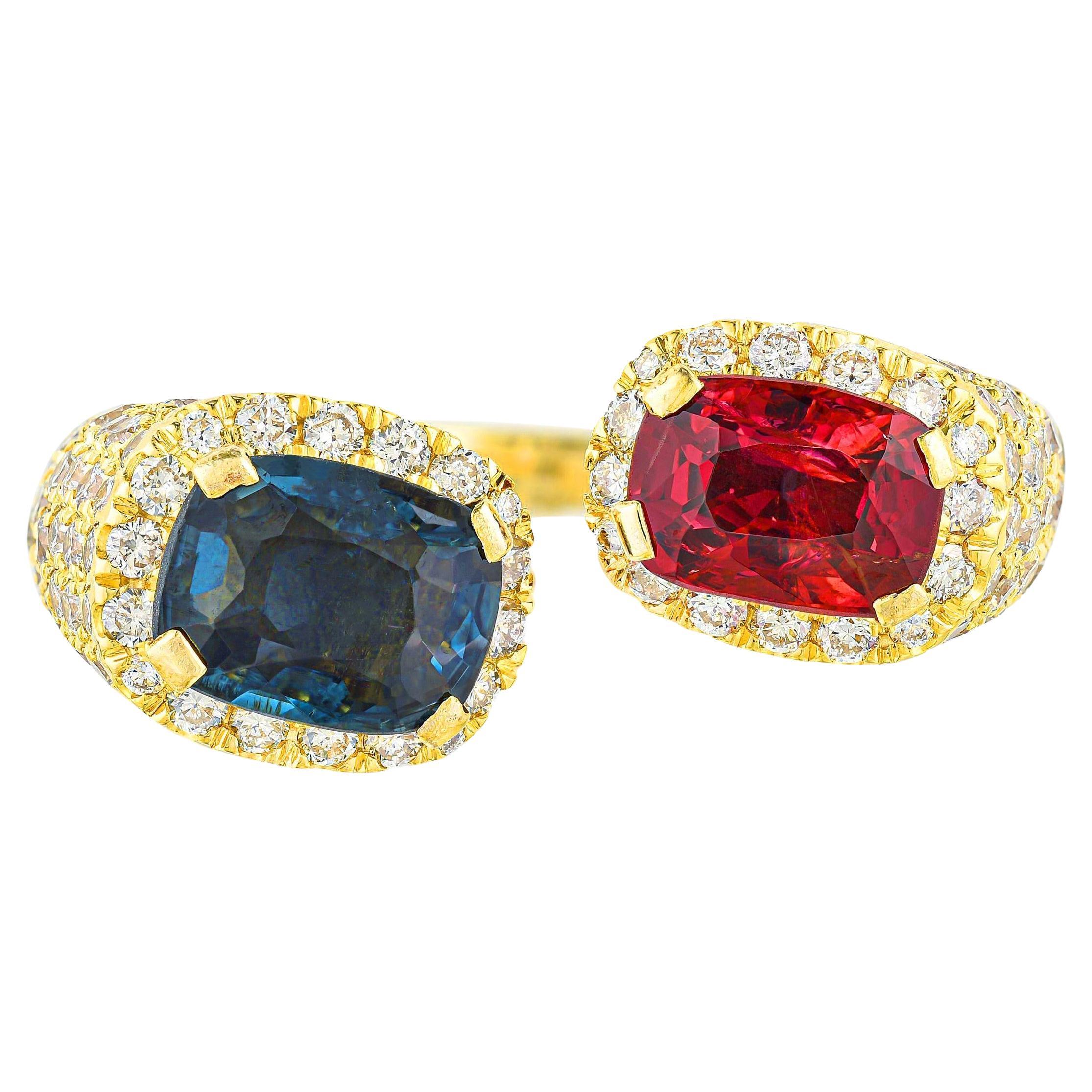 Rare Natural Blue and Red Spinel Bypass Ring Diamond Setting 4 Carats 18K Gold For Sale
