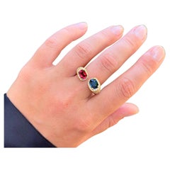 Rare Natural Blue and Red Spinel Bypass Ring Diamond Setting 4 Carats 18K Gold