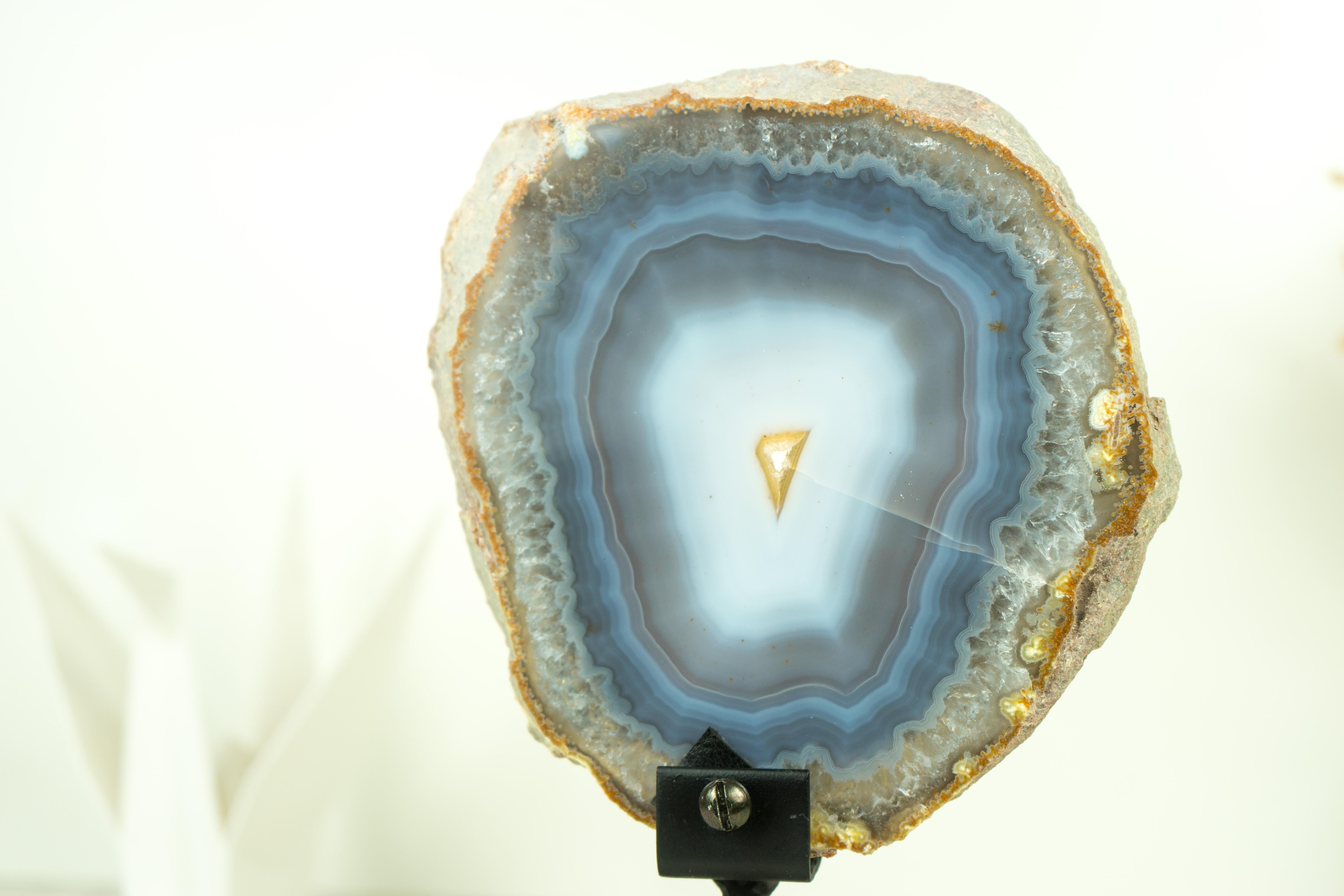 Rare Natural Blue and White Banded Agate Slice, Undyed, with Yellow Galaxy Druzy For Sale 4