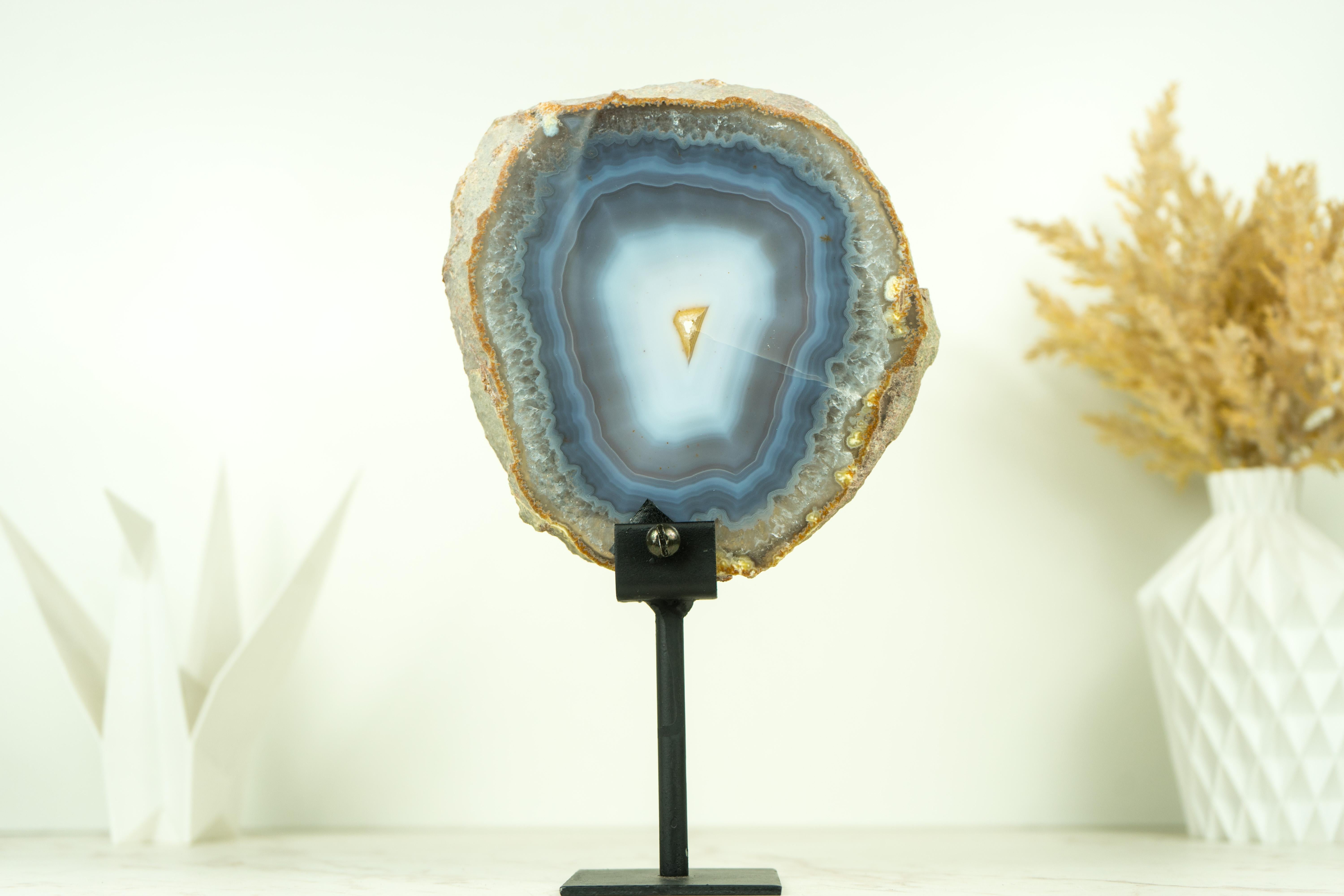 Rare Natural Blue and White Banded Agate Slice, Undyed, with Yellow Galaxy Druzy For Sale 5