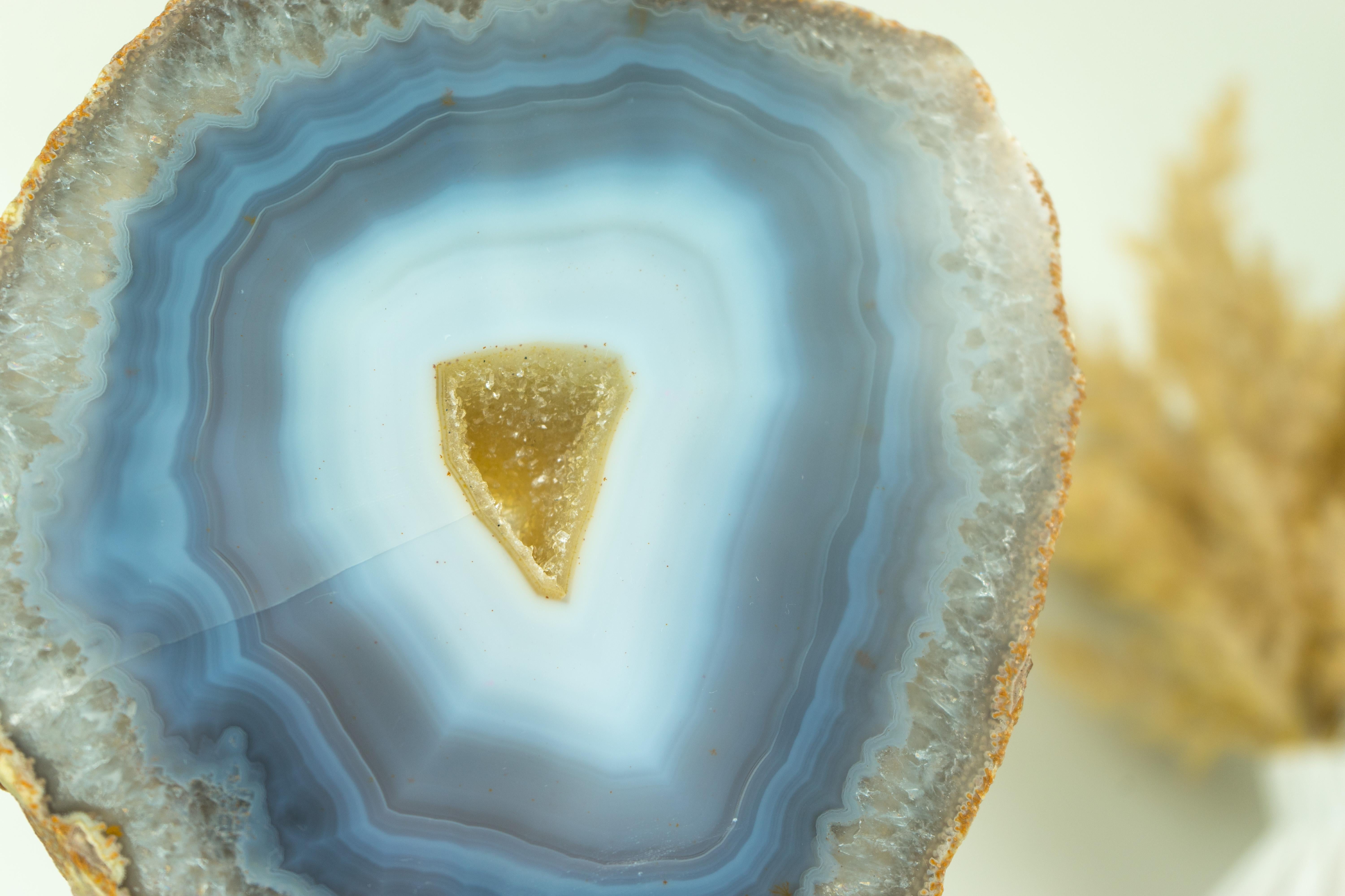 Brazilian Rare Natural Blue and White Banded Agate Slice, Undyed, with Yellow Galaxy Druzy For Sale