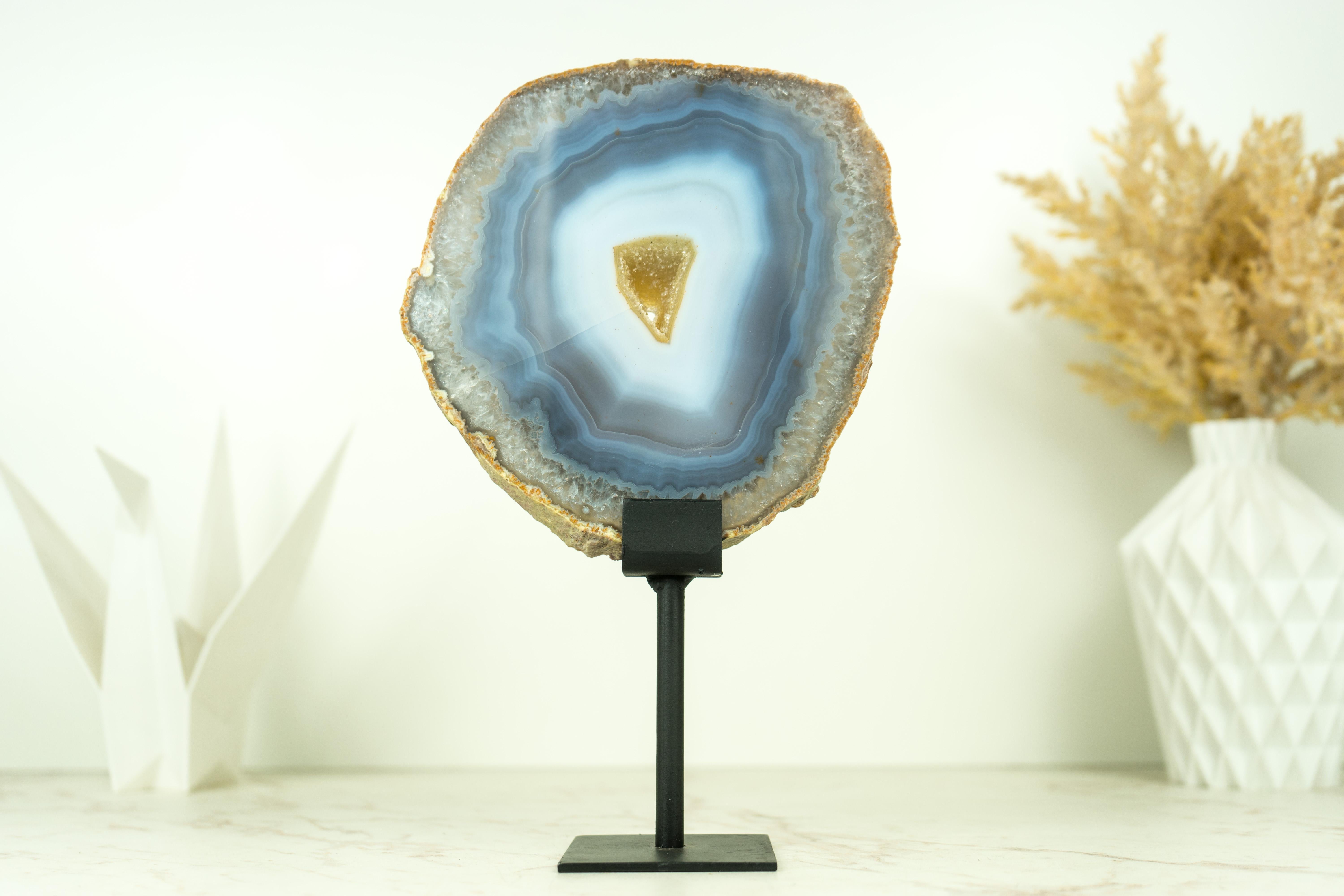 Contemporary Rare Natural Blue and White Banded Agate Slice, Undyed, with Yellow Galaxy Druzy For Sale