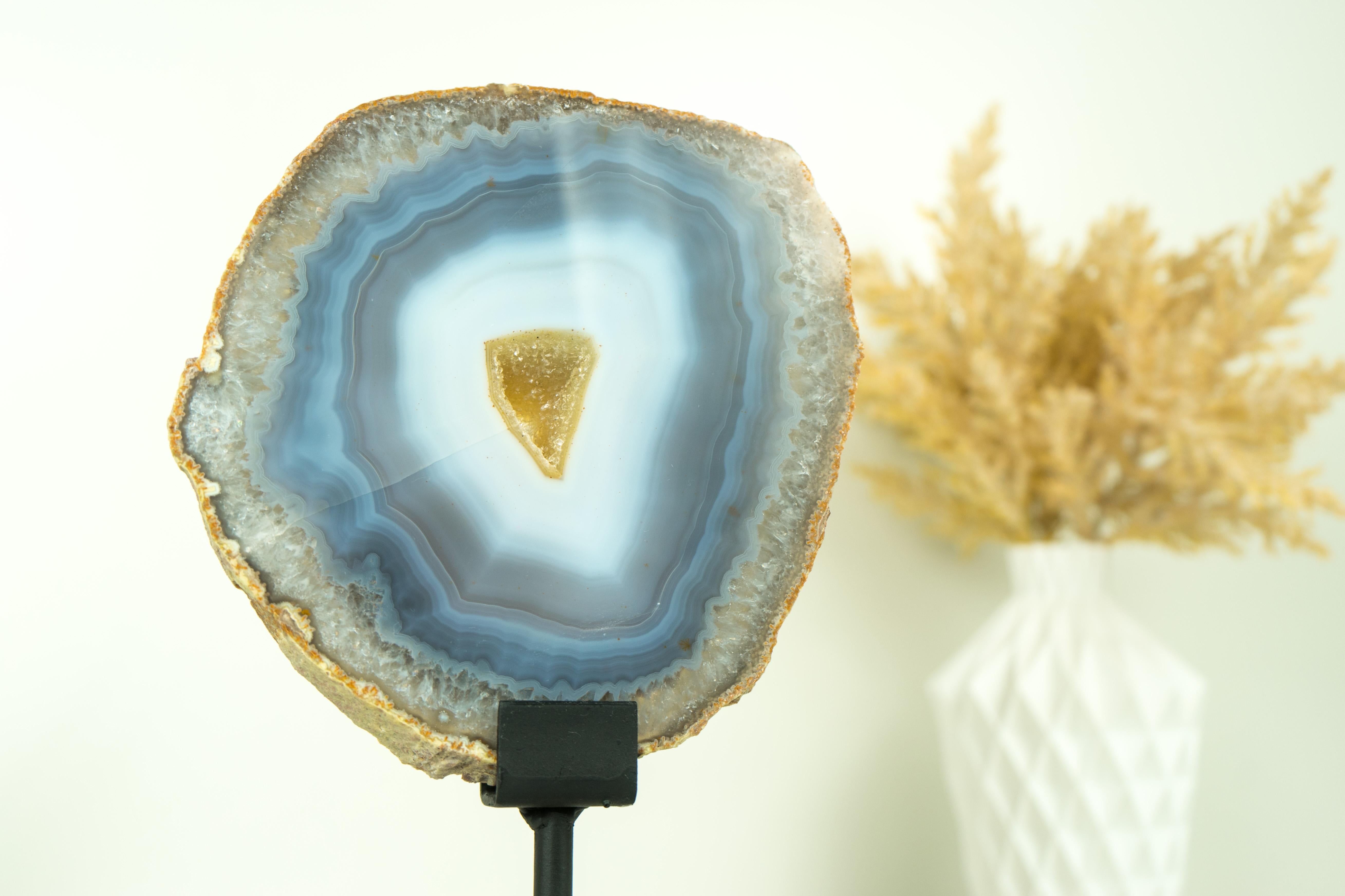Rare Natural Blue and White Banded Agate Slice, Undyed, with Yellow Galaxy Druzy For Sale 1