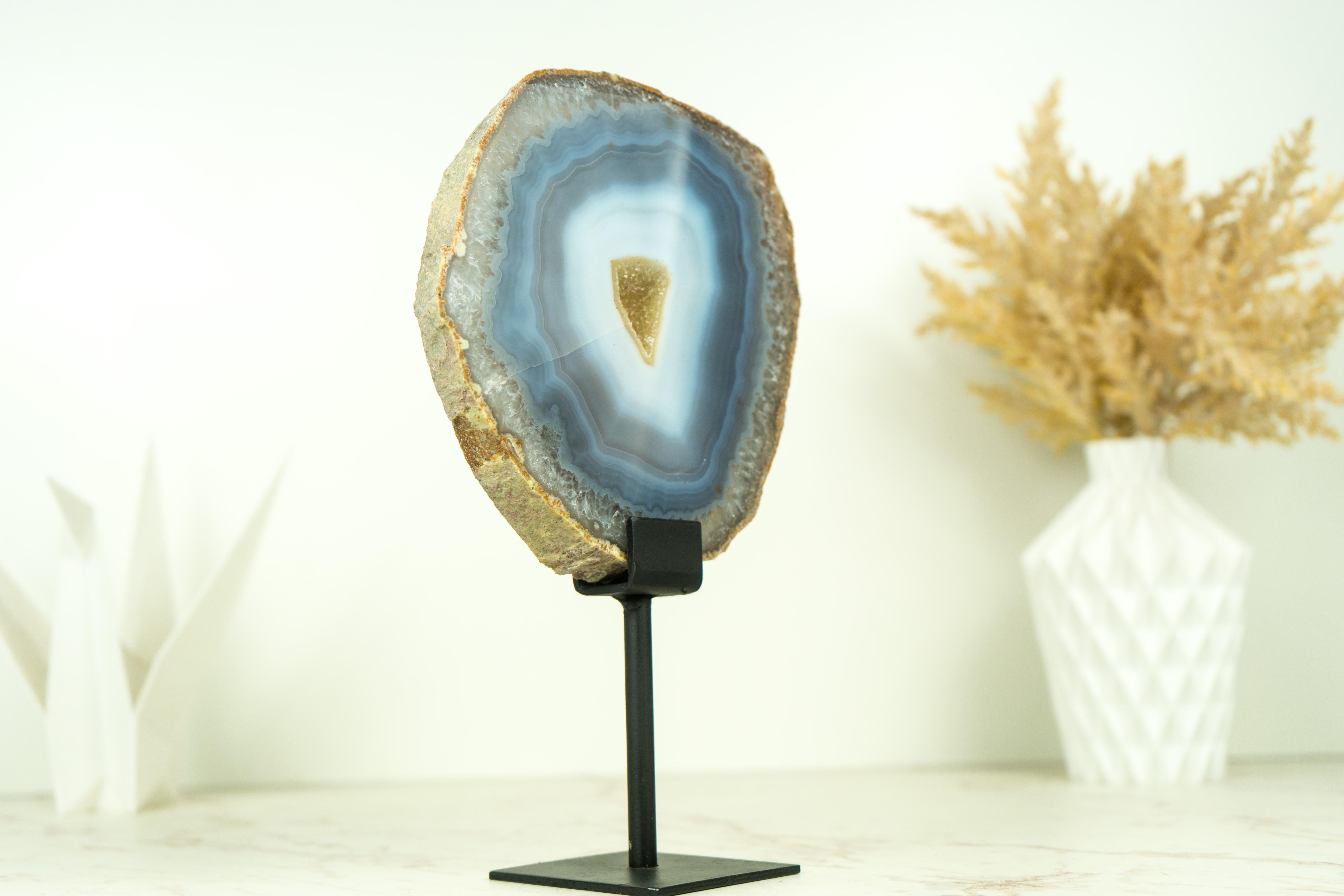 Rare Natural Blue and White Banded Agate Slice, Undyed, with Yellow Galaxy Druzy For Sale 2