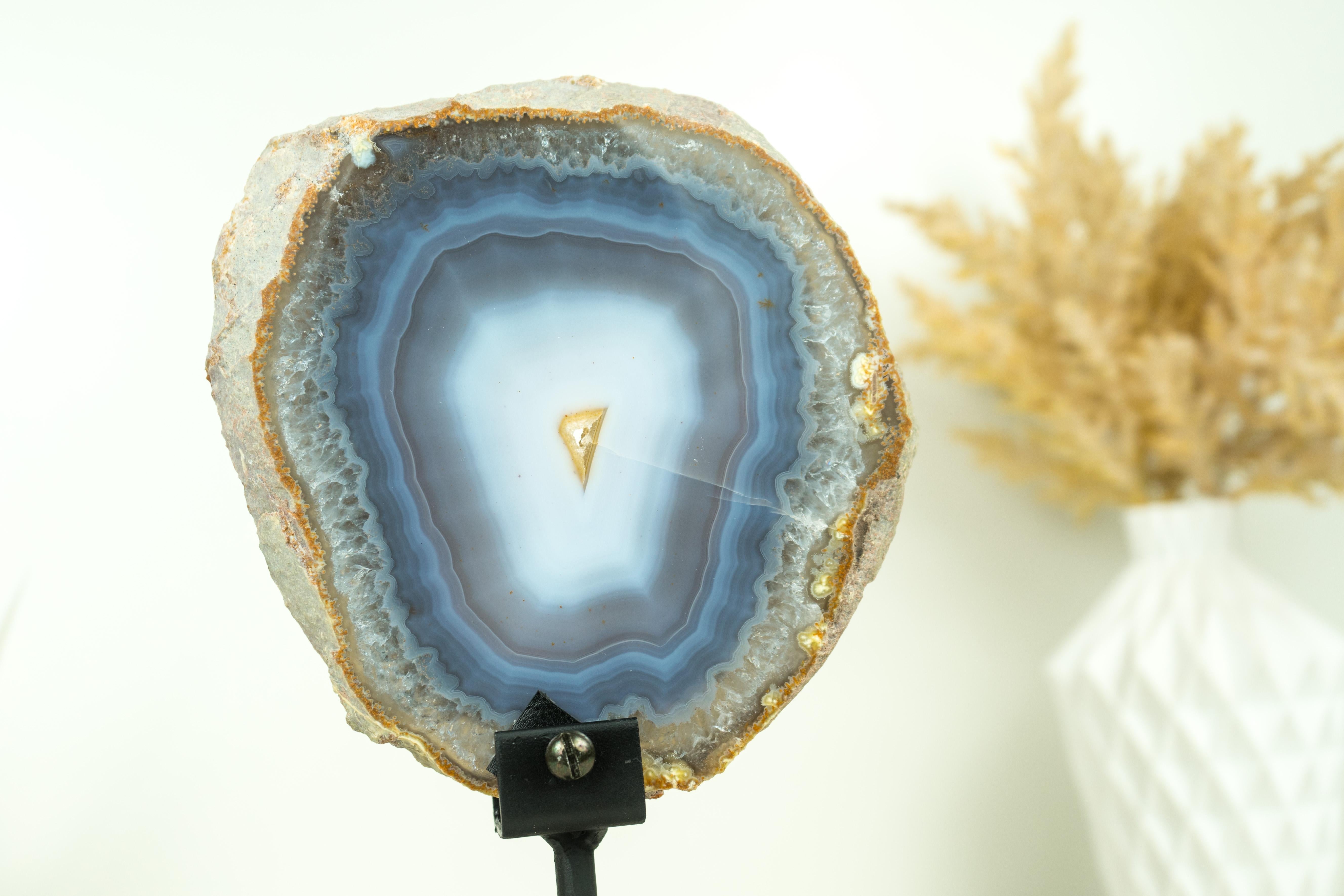 Rare Natural Blue and White Banded Agate Slice, Undyed, with Yellow Galaxy Druzy For Sale 3