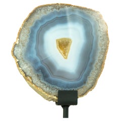Vintage Rare Natural Blue and White Banded Agate Slice, Undyed, with Yellow Galaxy Druzy