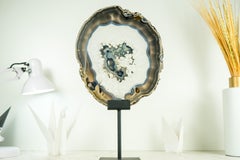 Rare Natural Blue Lace Agate Slice with Crystal, Blue, and Bronze Agate Bands