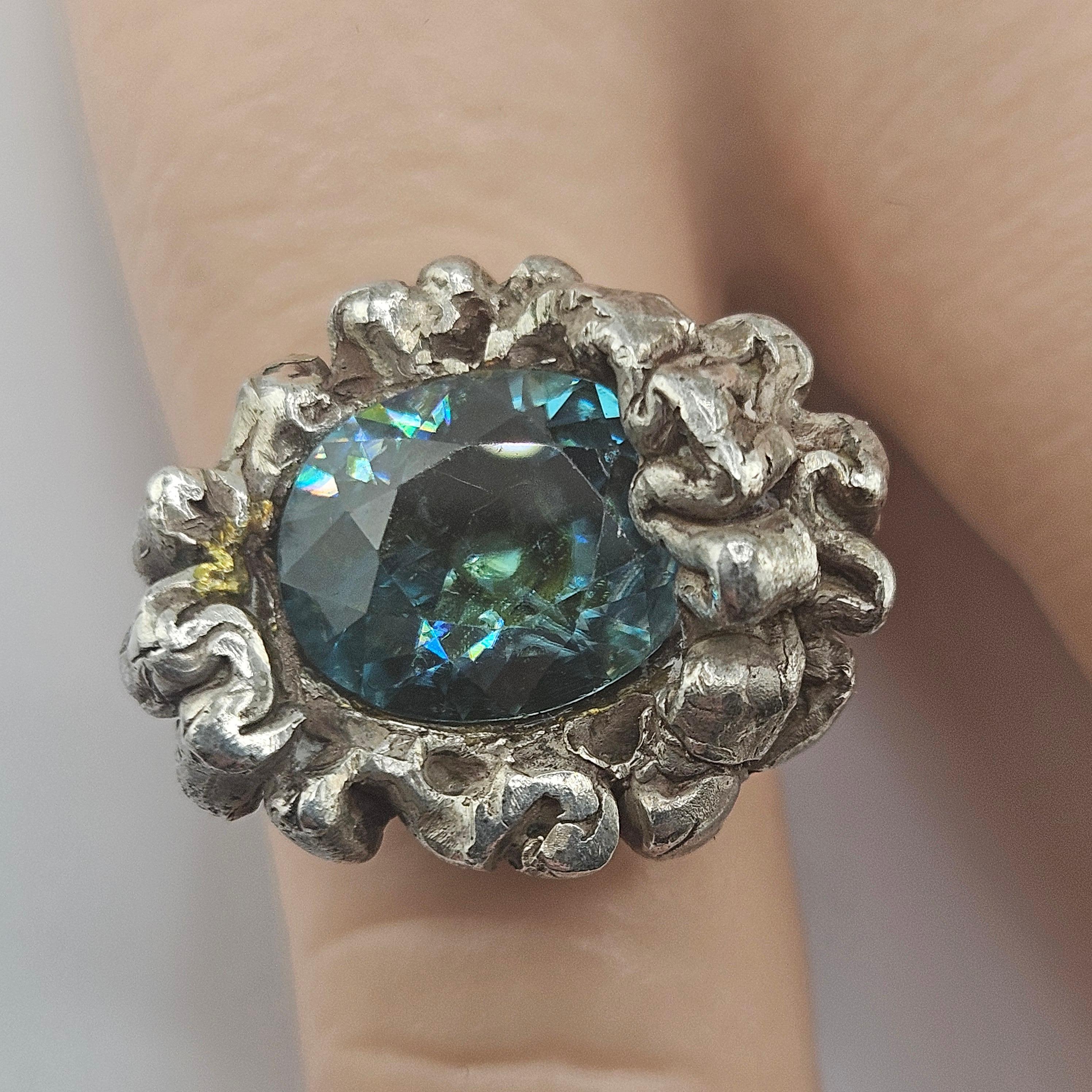Rare Natural Blue Zircon Vintage Artisan Cast Sterling Silver Ring View 3