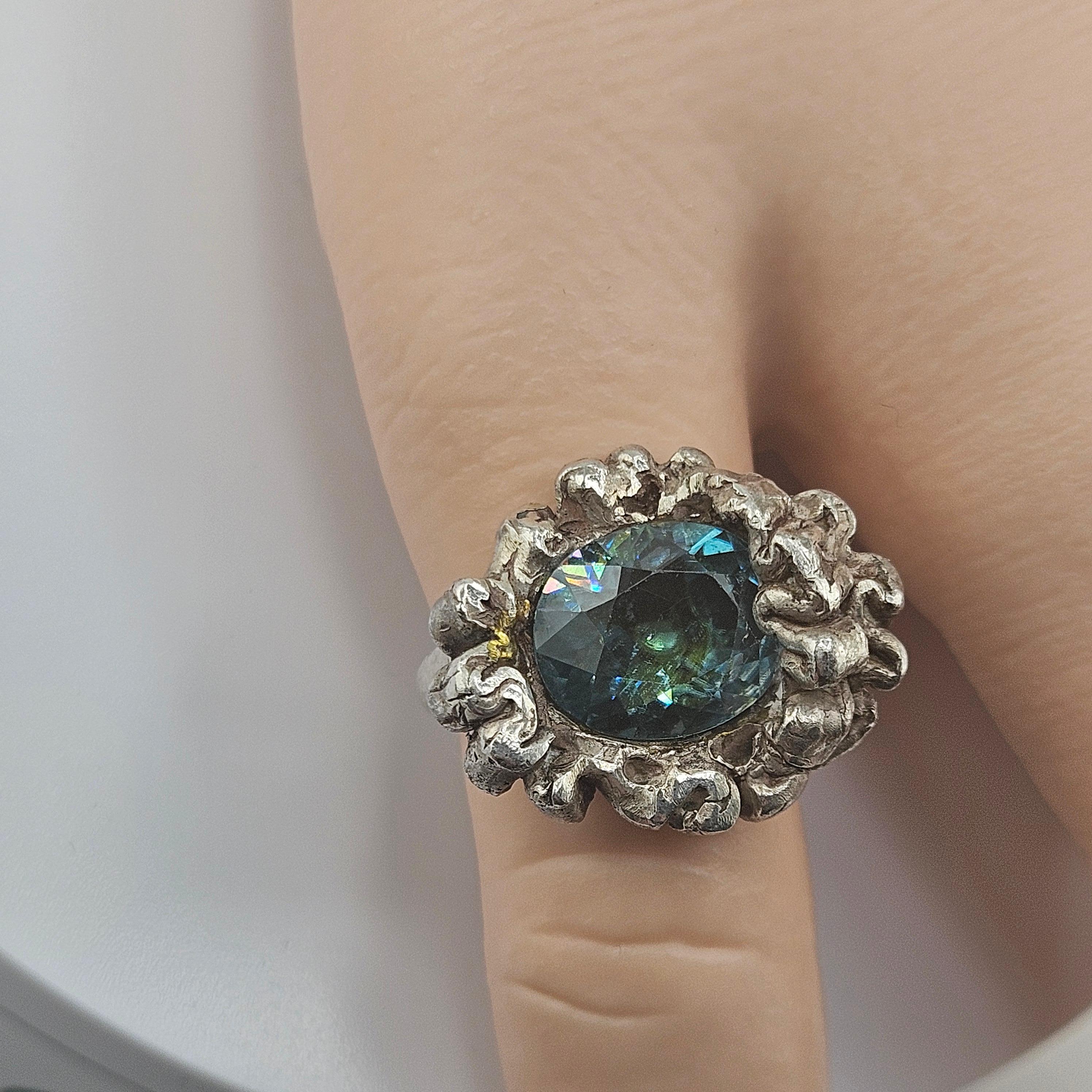 Rare Natural Blue Zircon Vintage Artisan Cast Sterling Silver Ring View 4