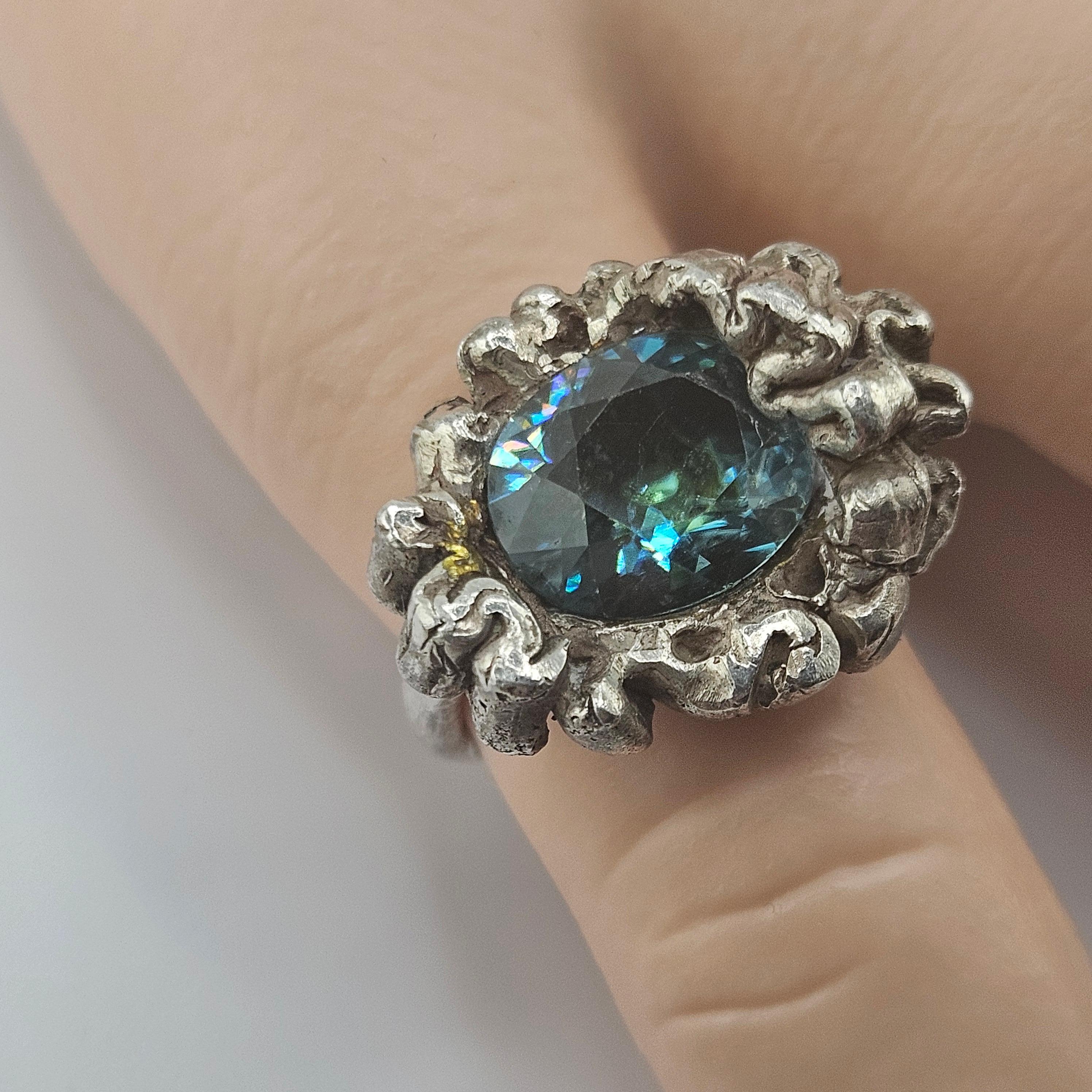 Rare Natural Blue Zircon Vintage Artisan Cast Sterling Silver Ring View 5