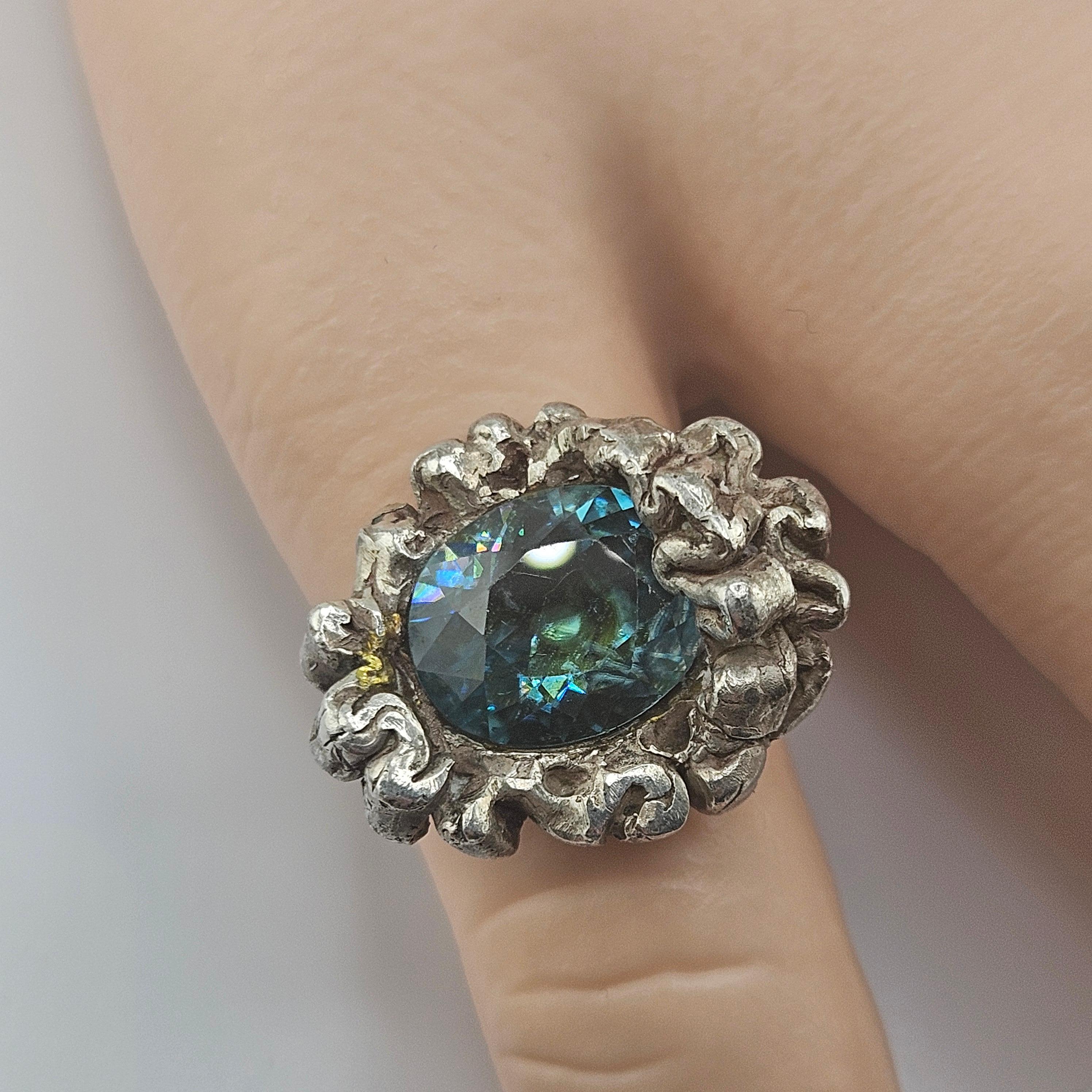Rare Natural Blue Zircon Vintage Artisan Cast Sterling Silver Ring View 6