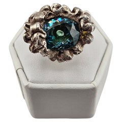 RARE Natural Blue Zircon Vintage Artisan Cast Sterling Silver Ring