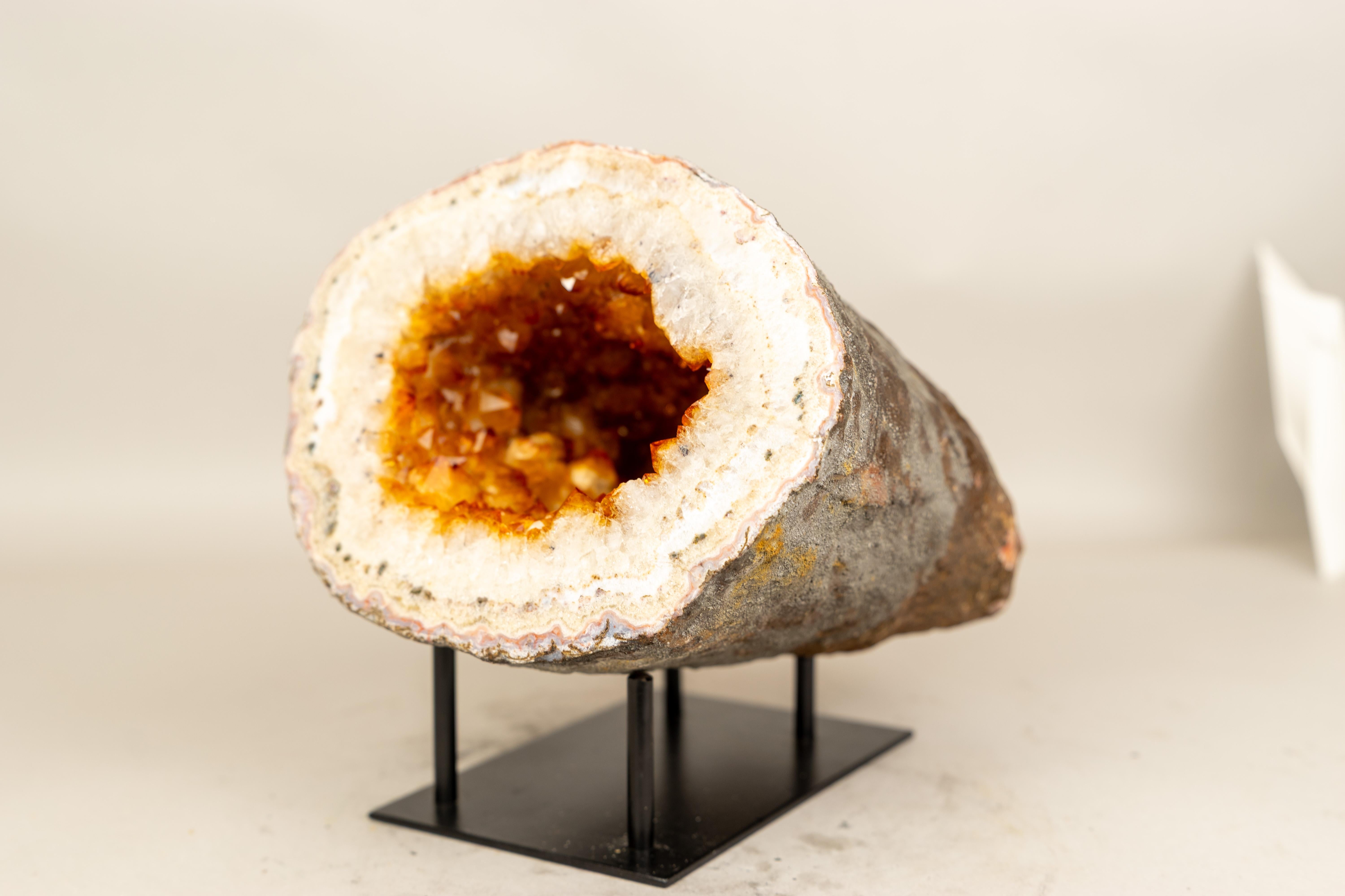 Rare Natural Citrine Geode Cave with Golden-Orange Druzy and White Quartz Frame For Sale 4