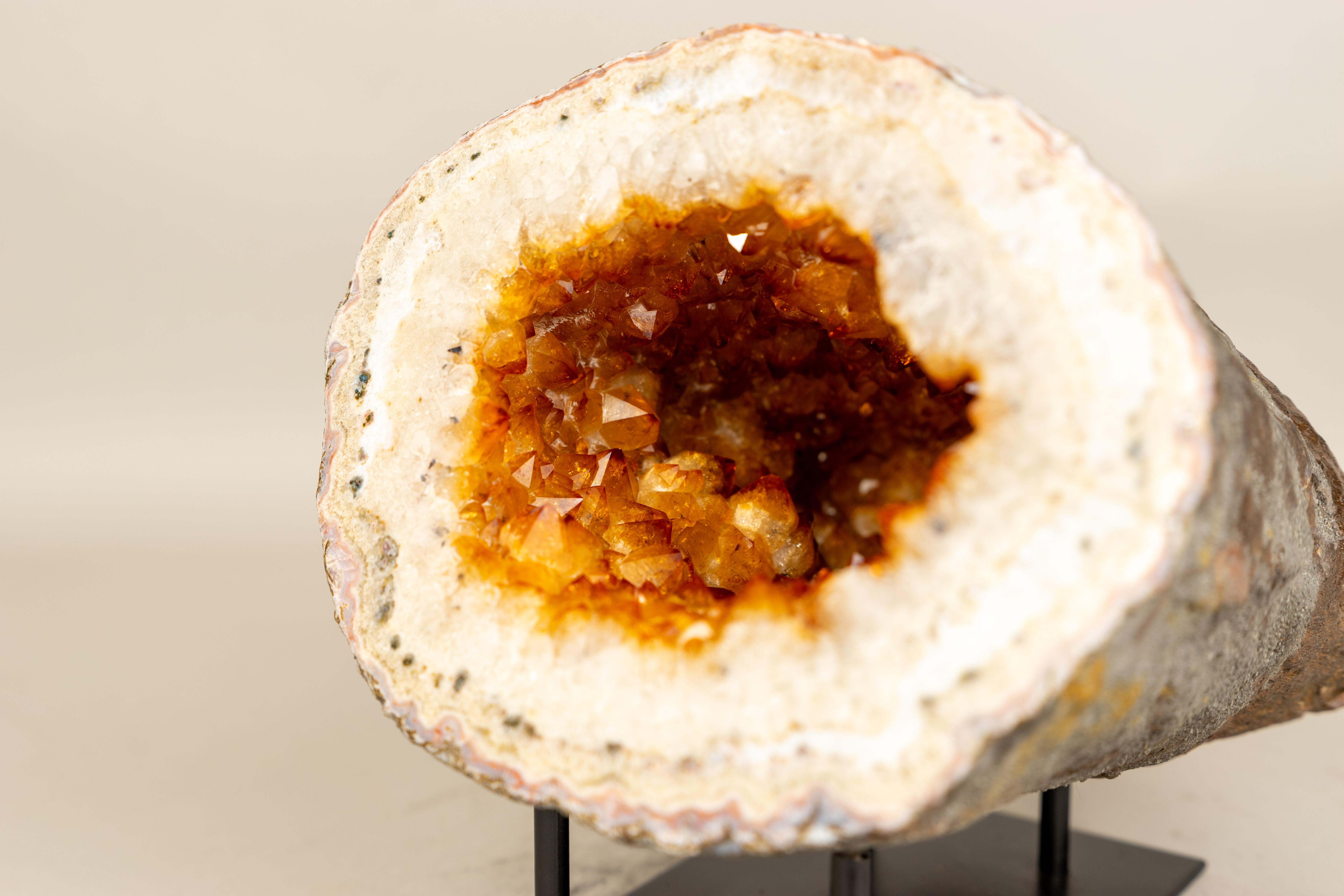 Rare Natural Golden Orange Citrine Geode Cave 

▫️ Description

A rarely seen, all-natural citrine geode cave, this gorgeous specimen features an aesthetically perfect form and a frame of white quartz that creates a luminous display. This citrine