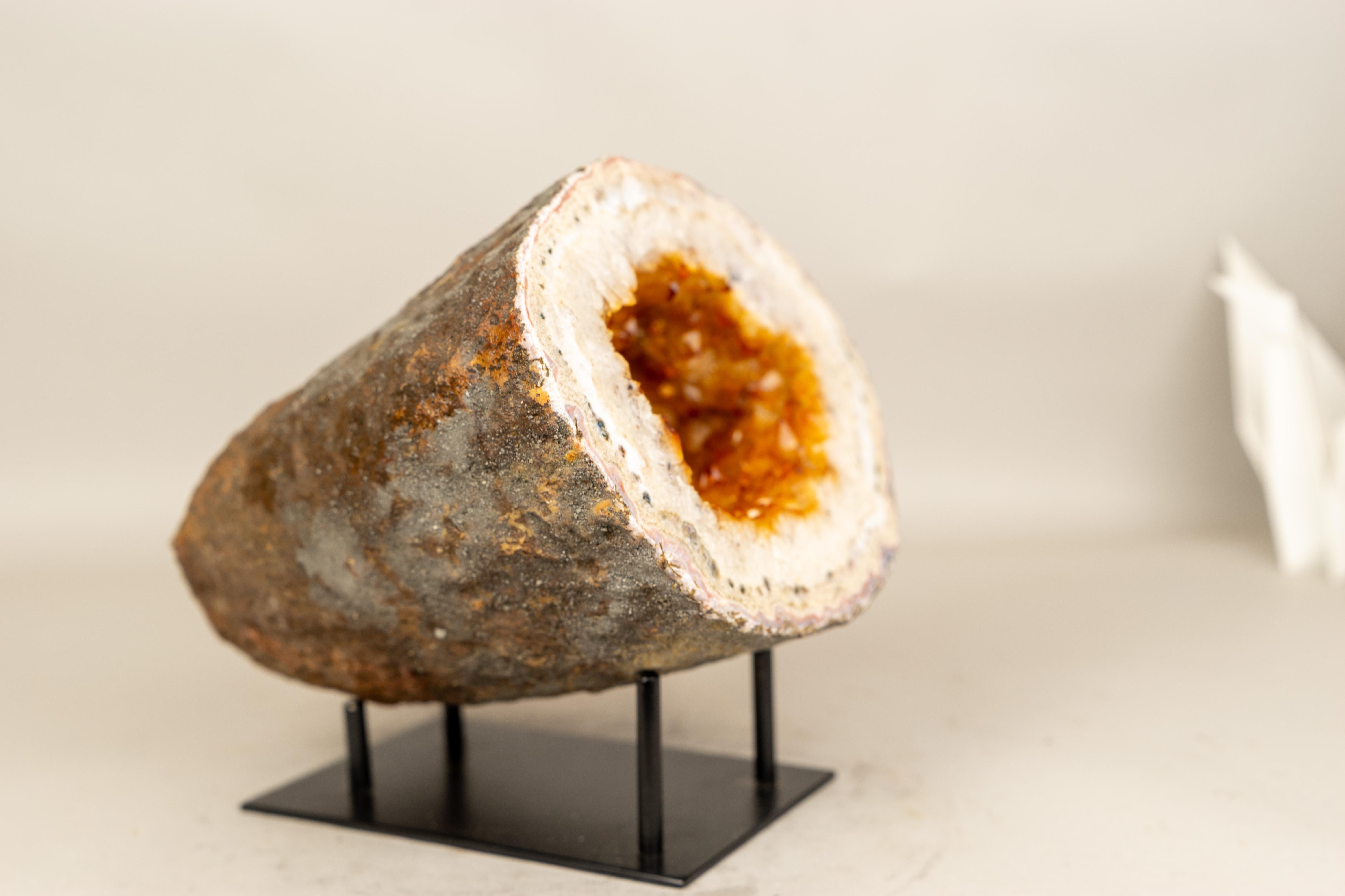 Brazilian Rare Natural Citrine Geode Cave with Golden-Orange Druzy and White Quartz Frame For Sale