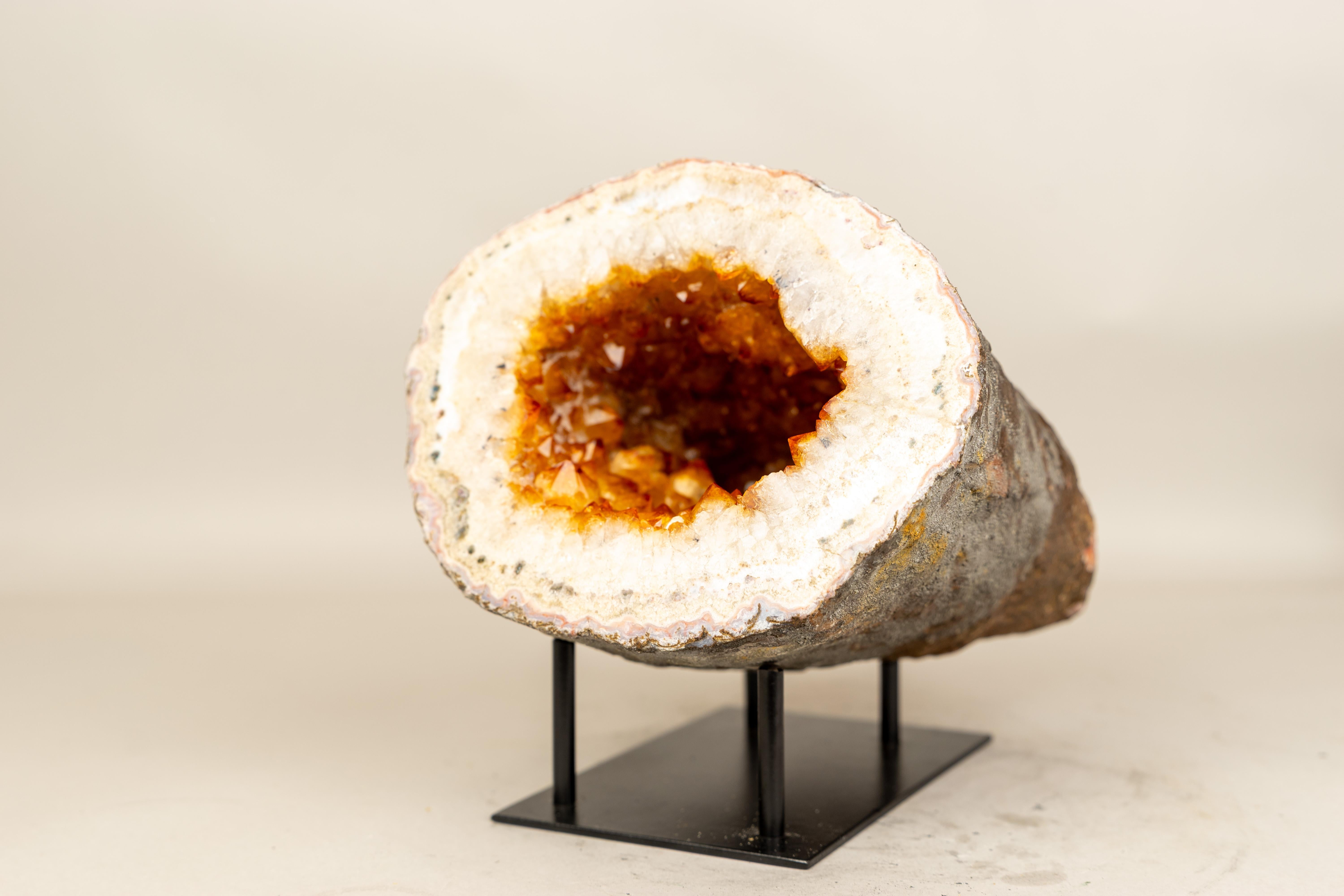Contemporary Rare Natural Citrine Geode Cave with Golden-Orange Druzy and White Quartz Frame For Sale