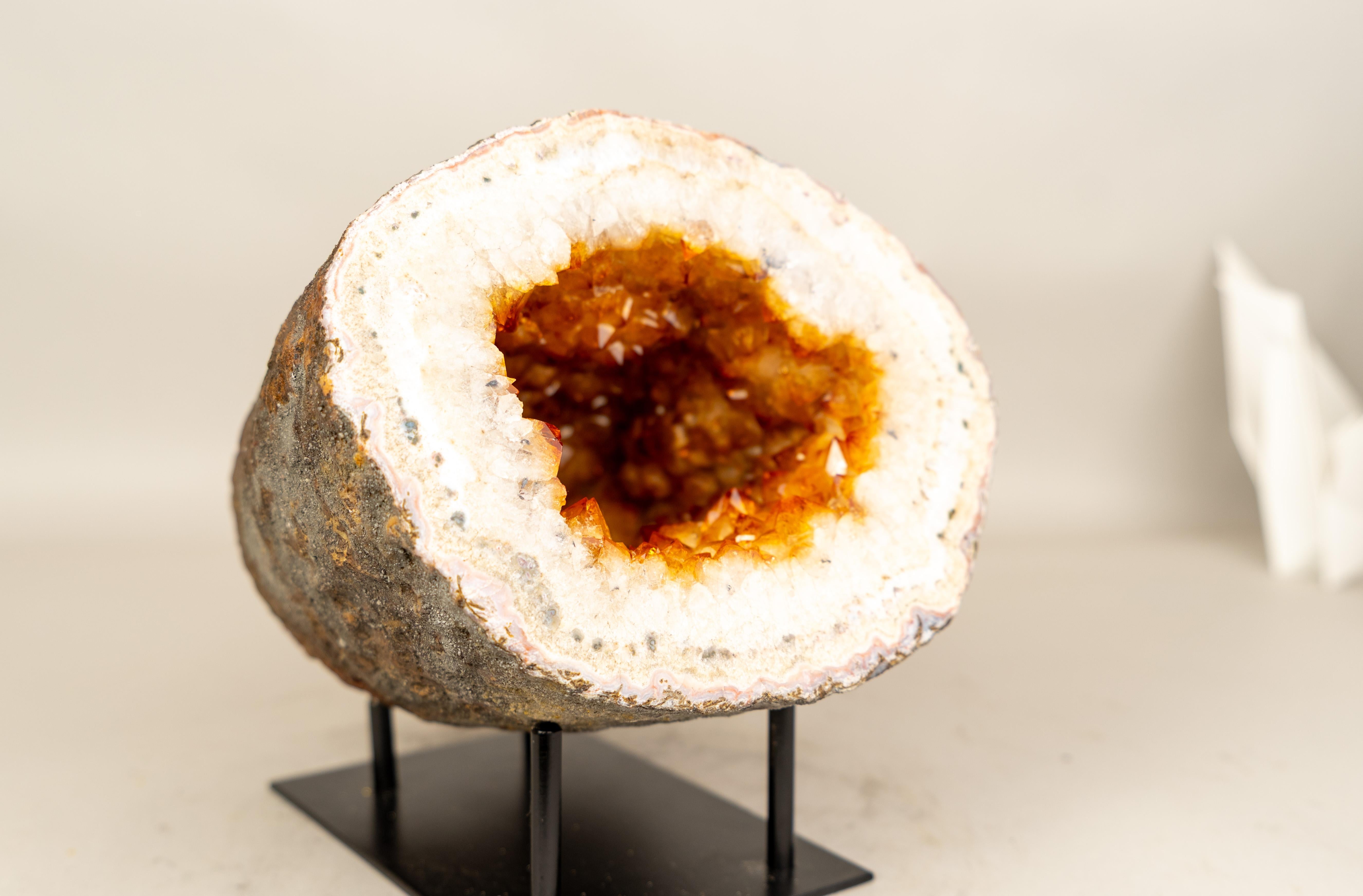 Crystal Rare Natural Citrine Geode Cave with Golden-Orange Druzy and White Quartz Frame For Sale