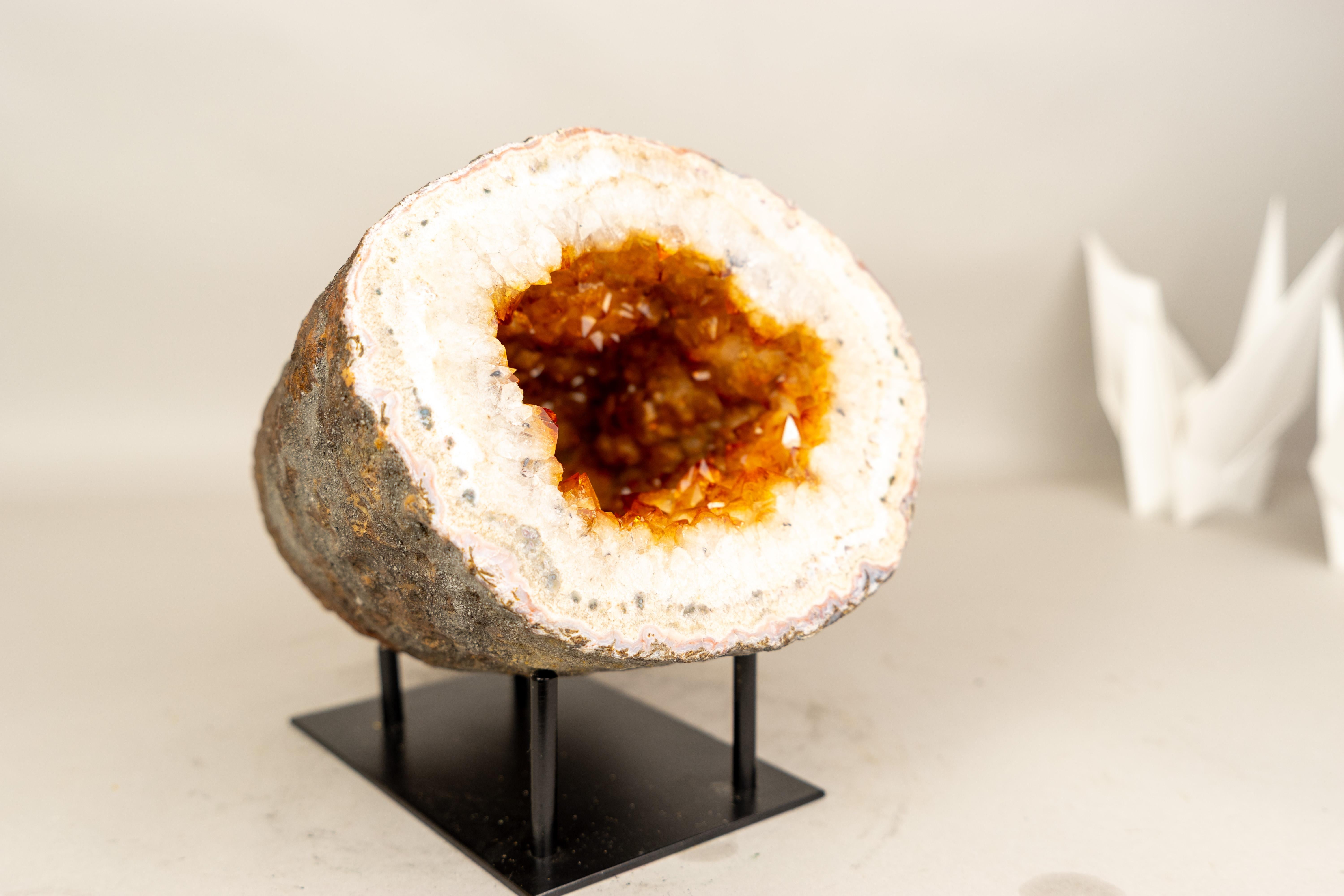 Rare Natural Citrine Geode Cave with Golden-Orange Druzy and White Quartz Frame For Sale 2