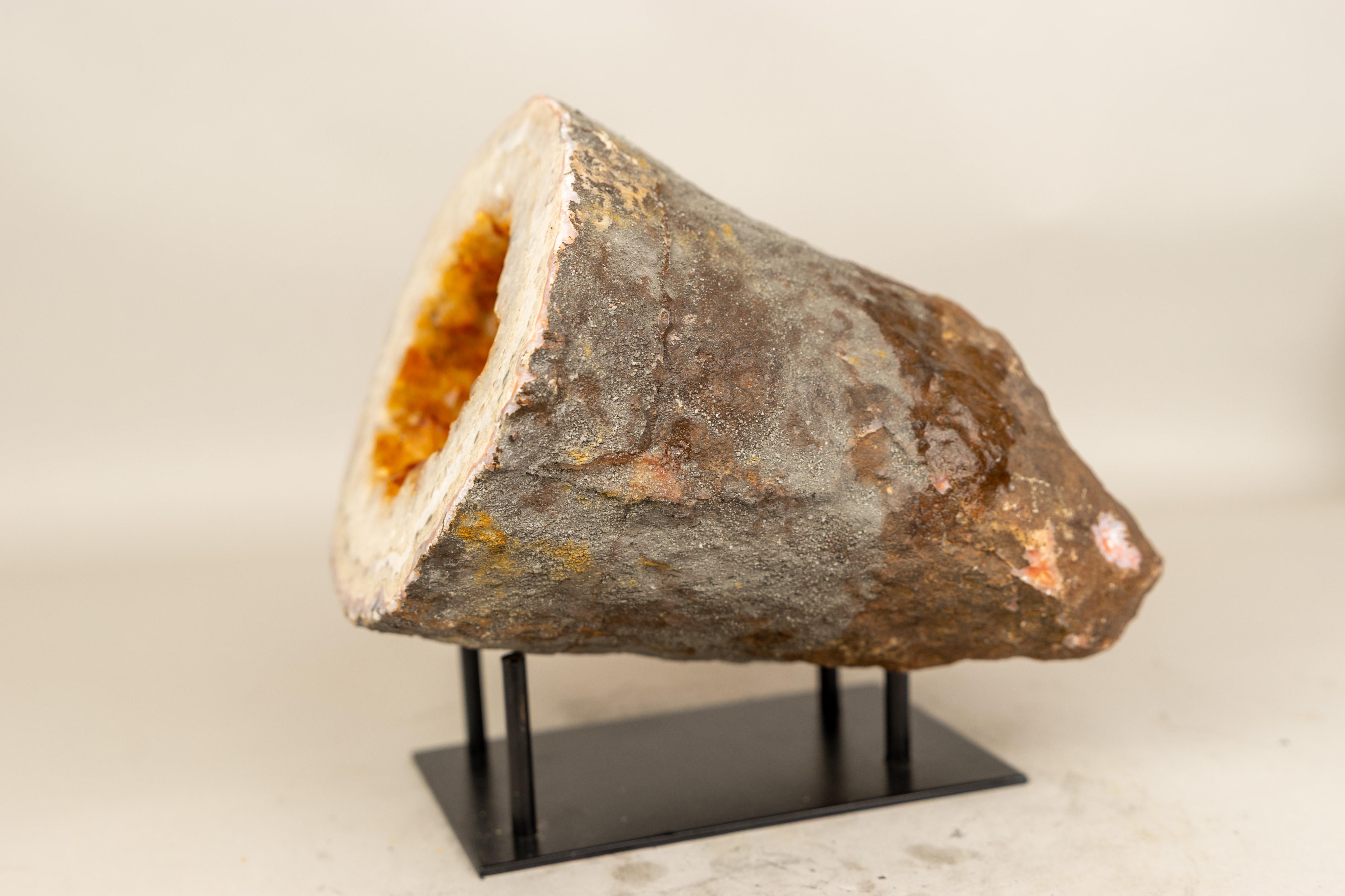 Rare Natural Citrine Geode Cave with Golden-Orange Druzy and White Quartz Frame For Sale 3