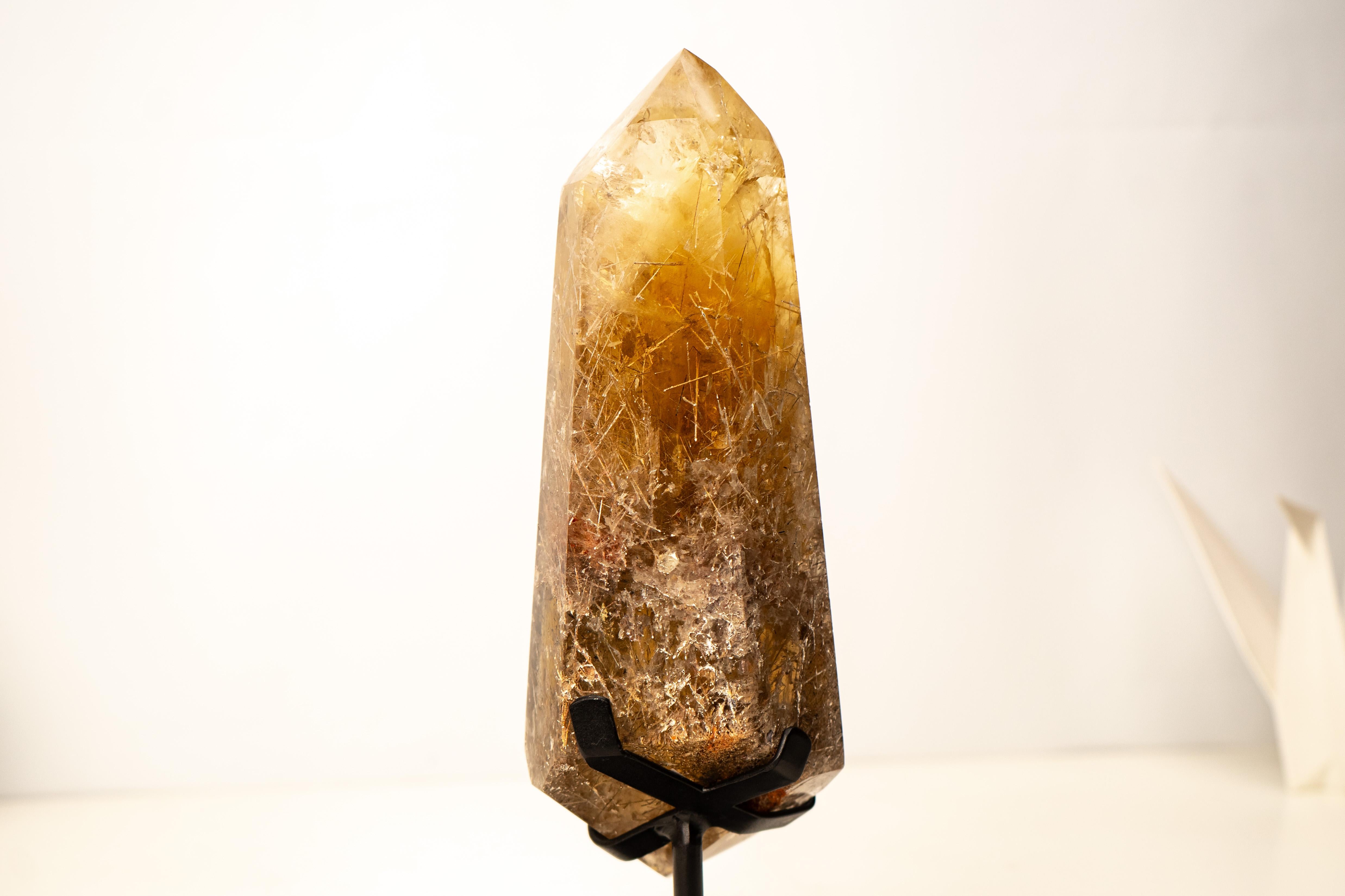 Raro Citrino Naranja con Rutilo Torre Obelisco - Gran Cristal Transparente al Agua con Inclusiones de Rutilo Grafito

▫️ Descripción

Este Obelisco de Citrino, una rareza natural, muestra una estética impactante con su raro tono de color y cientos