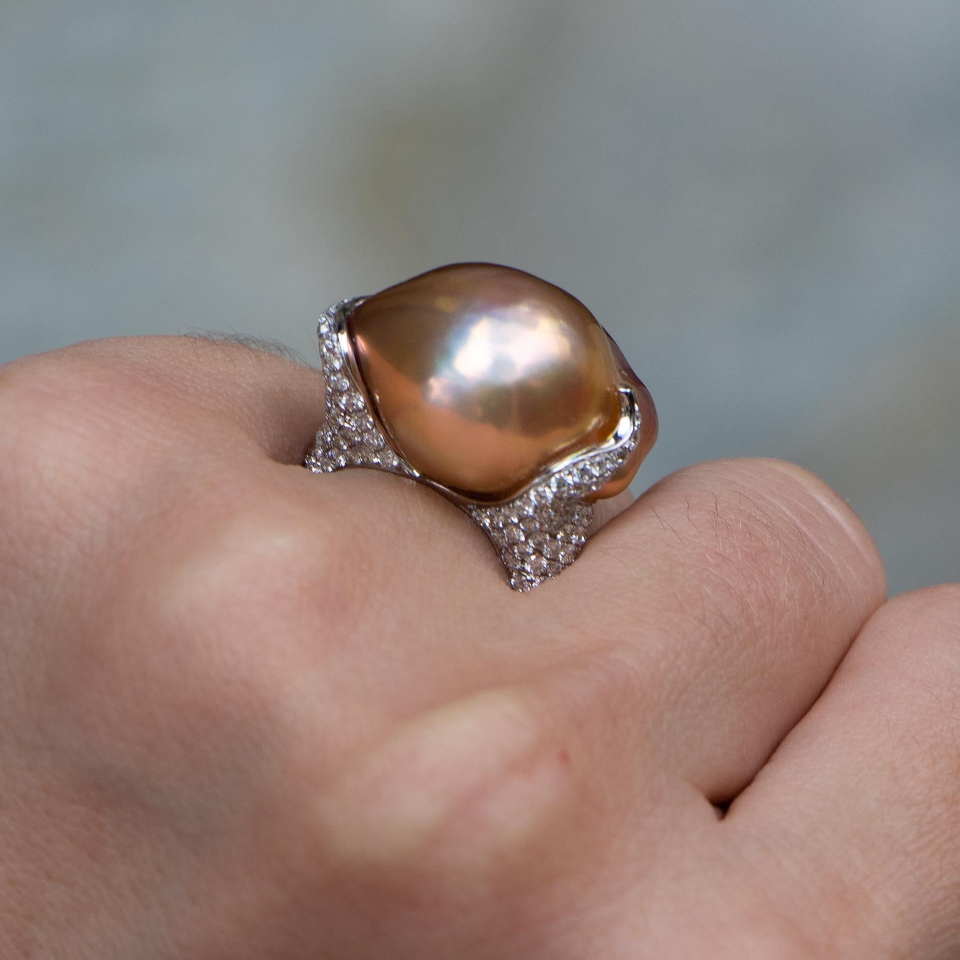 Rare Natural Color Baroque Pearl Ring with 1.10 Carat of Diamonds 2