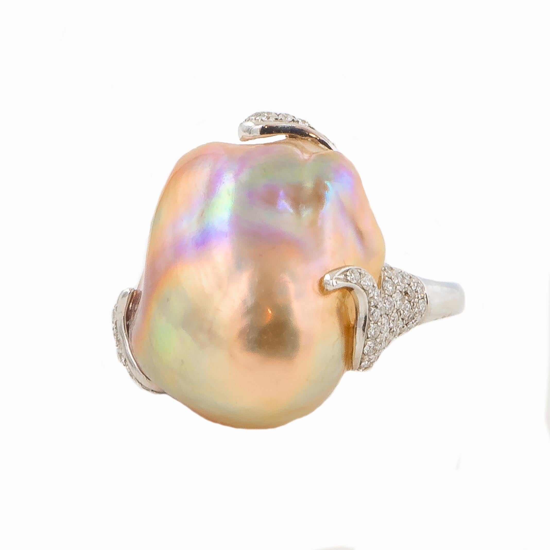 Rare Natural Color Baroque Pearl Ring with 1.10 Carat of Diamonds 3